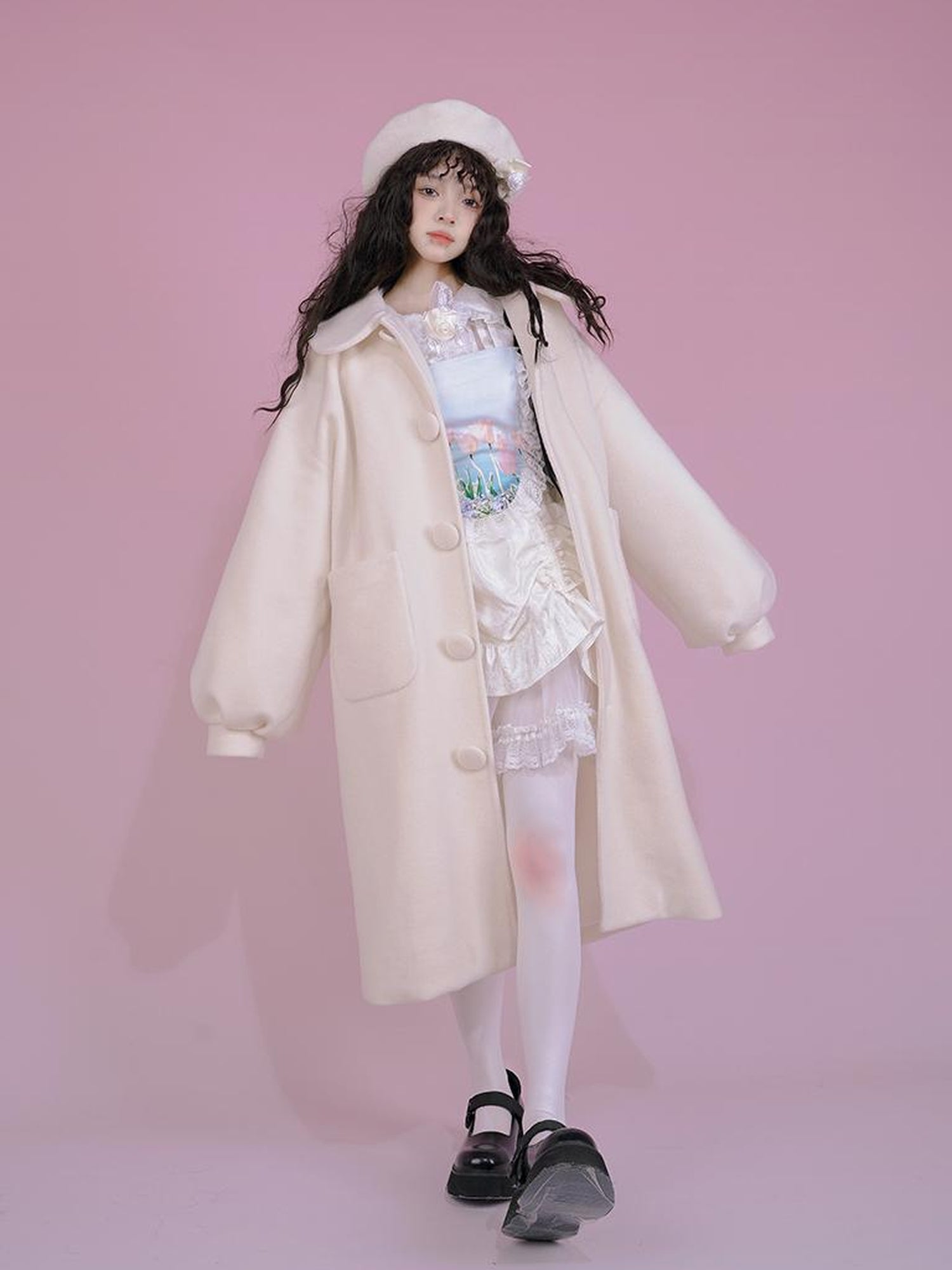 Daytoday Dolly Print Bubble Sleeve Cotton Padded Long Wool Coat