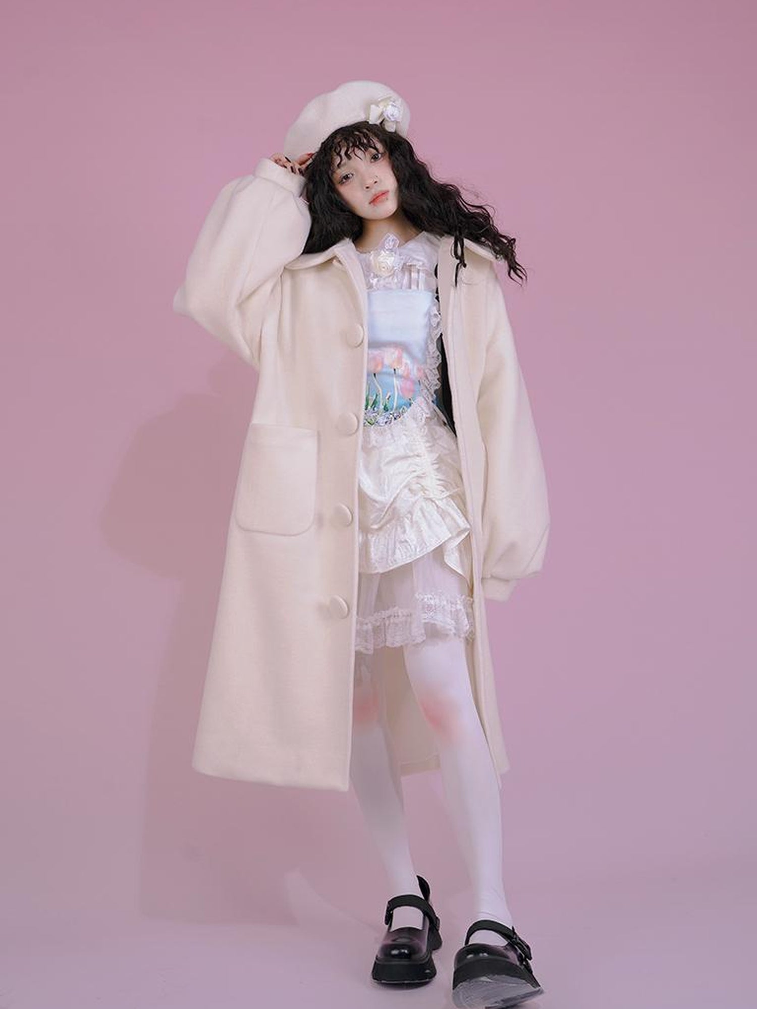 Daytoday Dolly Print Bubble Sleeve Cotton Padded Long Wool Coat