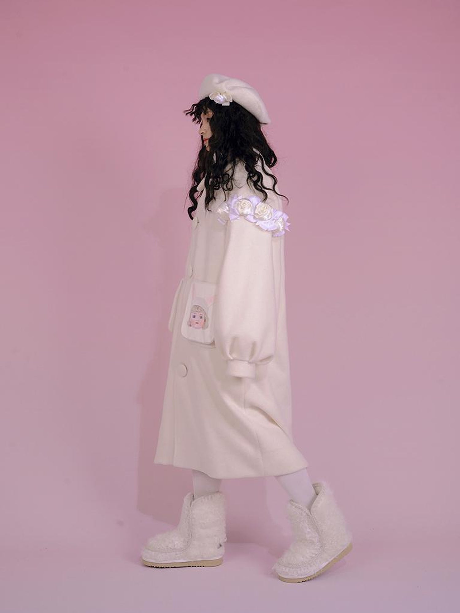 Daytoday Dolly Print Bubble Sleeve Cotton Padded Long Wool Coat