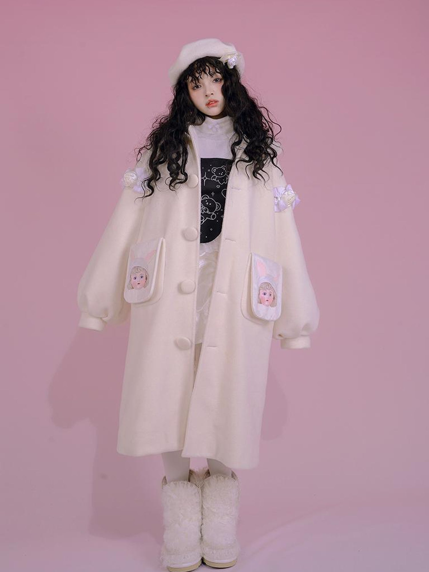 Daytoday Dolly Print Bubble Sleeve Cotton Padded Long Wool Coat
