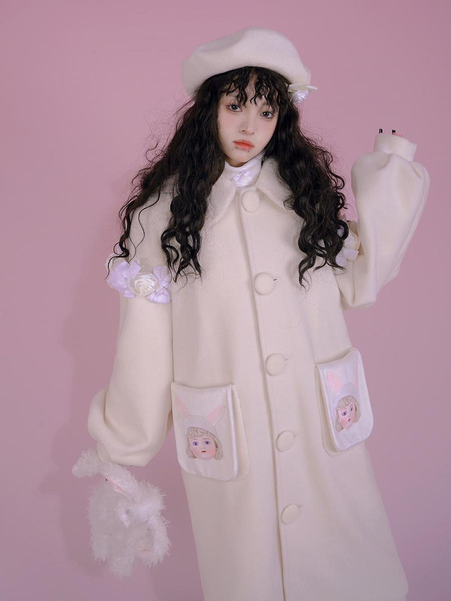 Daytoday Dolly Print Bubble Sleeve Cotton Padded Long Wool Coat