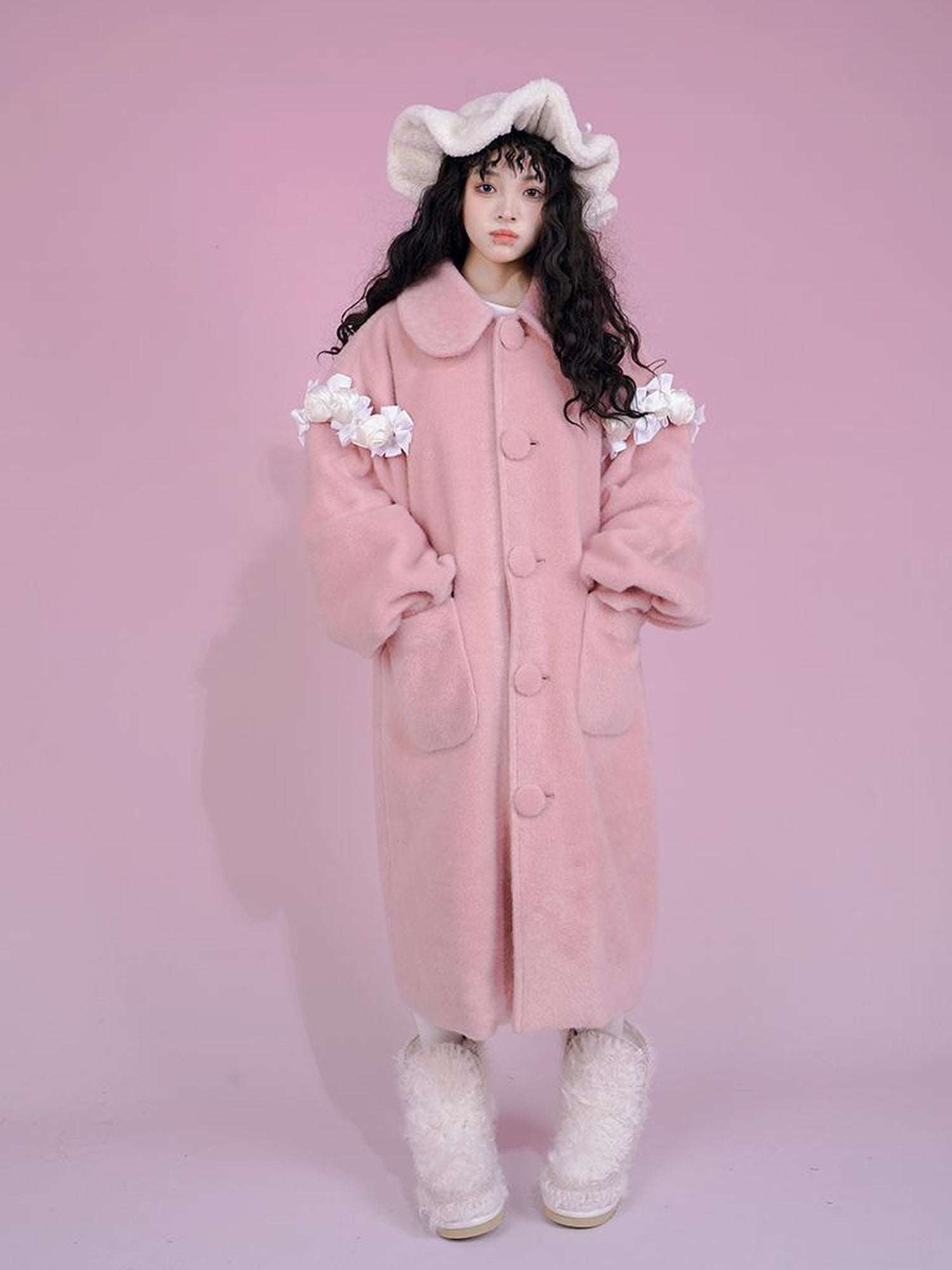 Daytoday Dolly Print Bubble Sleeve Cotton Padded Long Wool Coat