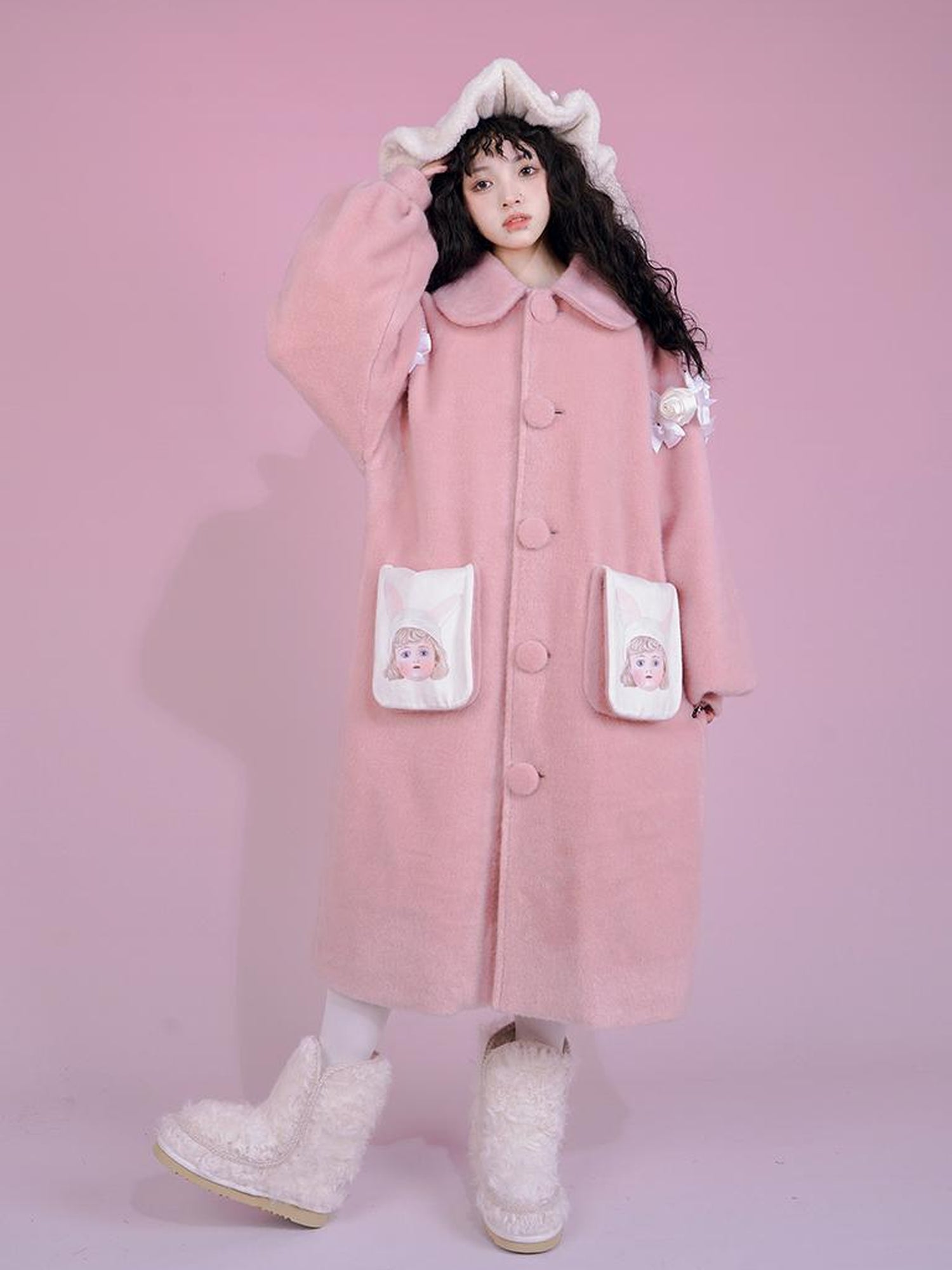 Daytoday Dolly Print Bubble Sleeve Cotton Padded Long Wool Coat