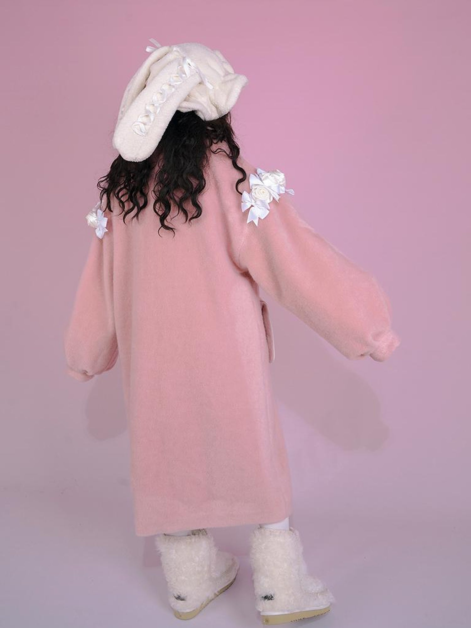 Daytoday Dolly Print Bubble Sleeve Cotton Padded Long Wool Coat