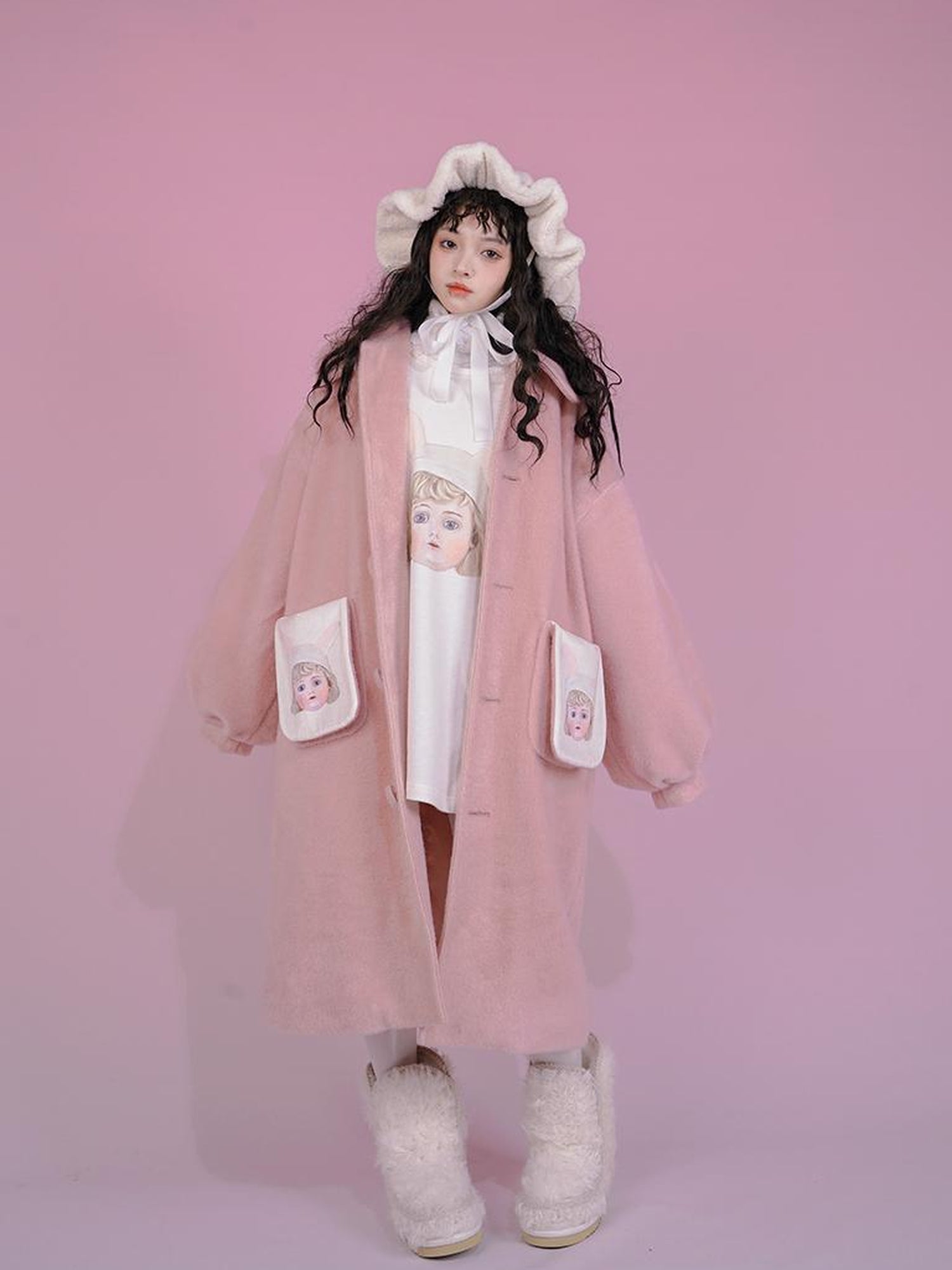 Daytoday Dolly Print Bubble Sleeve Cotton Padded Long Wool Coat