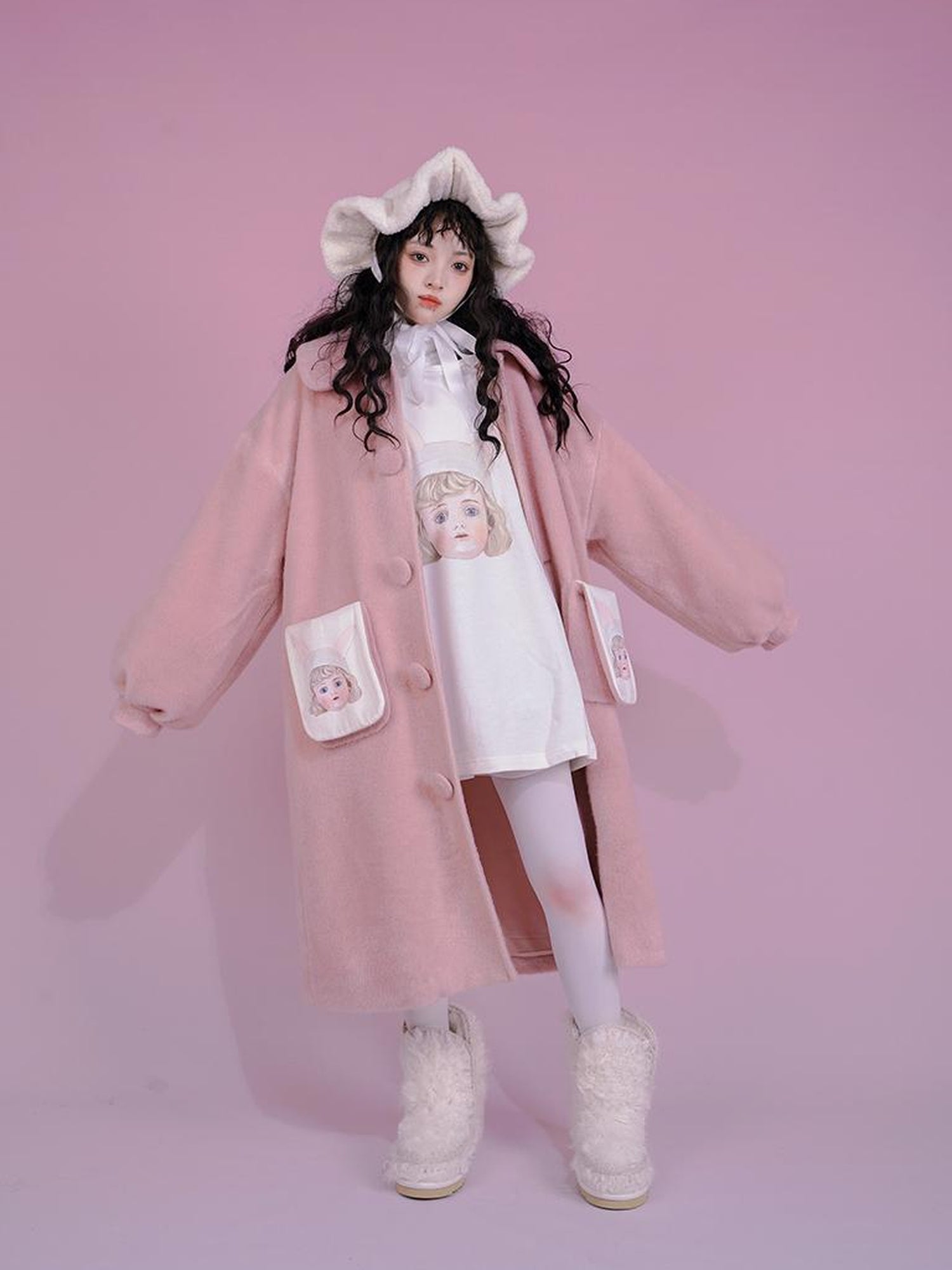 Daytoday Dolly Print Bubble Sleeve Cotton Padded Long Wool Coat