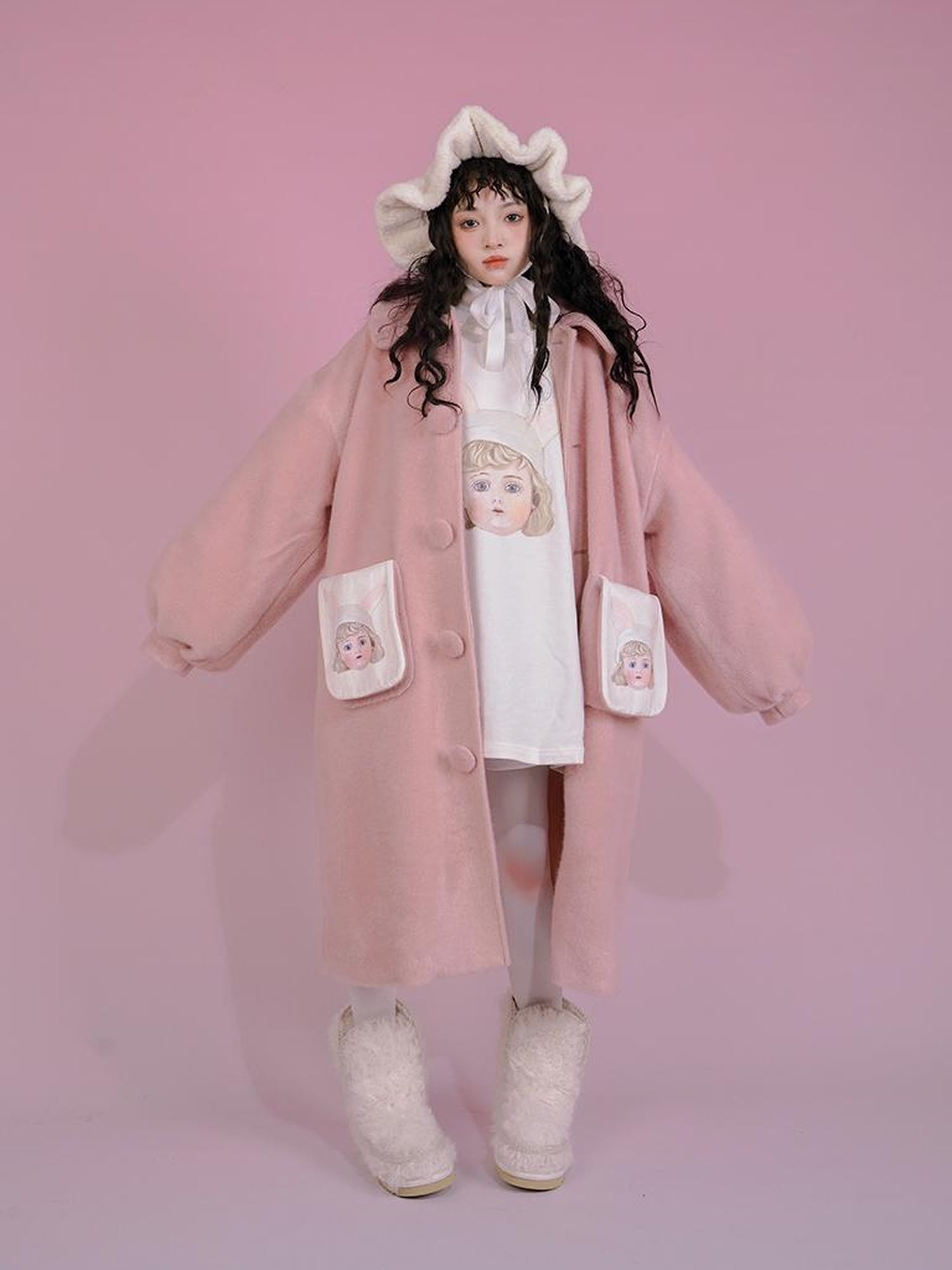 Daytoday Dolly Print Bubble Sleeve Cotton Padded Long Wool Coat