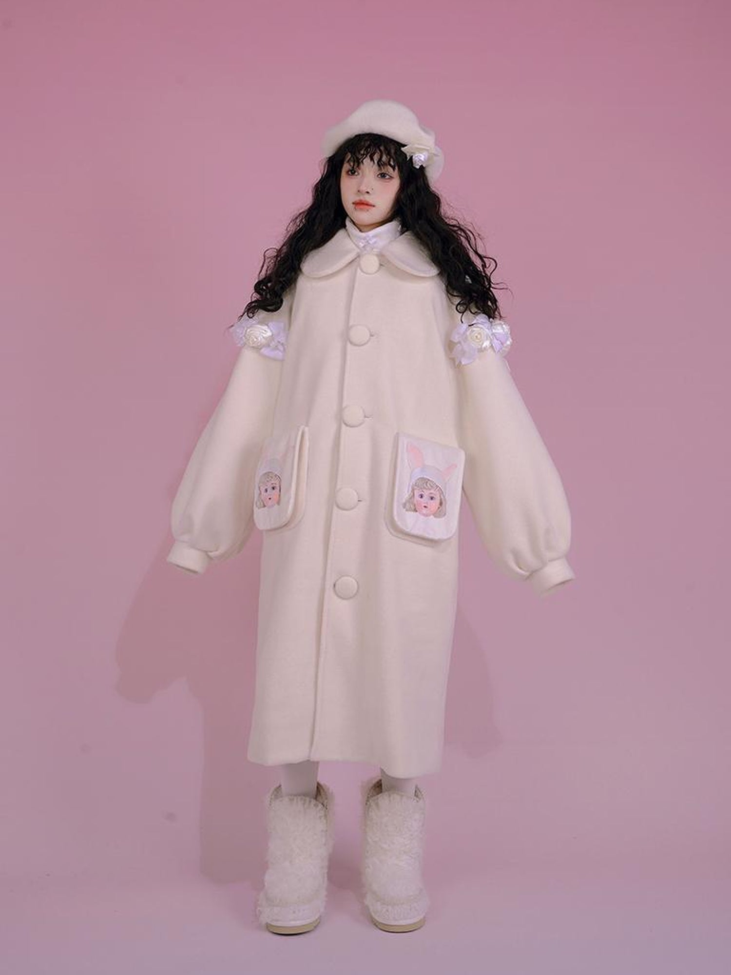 Daytoday Dolly Print Bubble Sleeve Cotton Padded Long Wool Coat