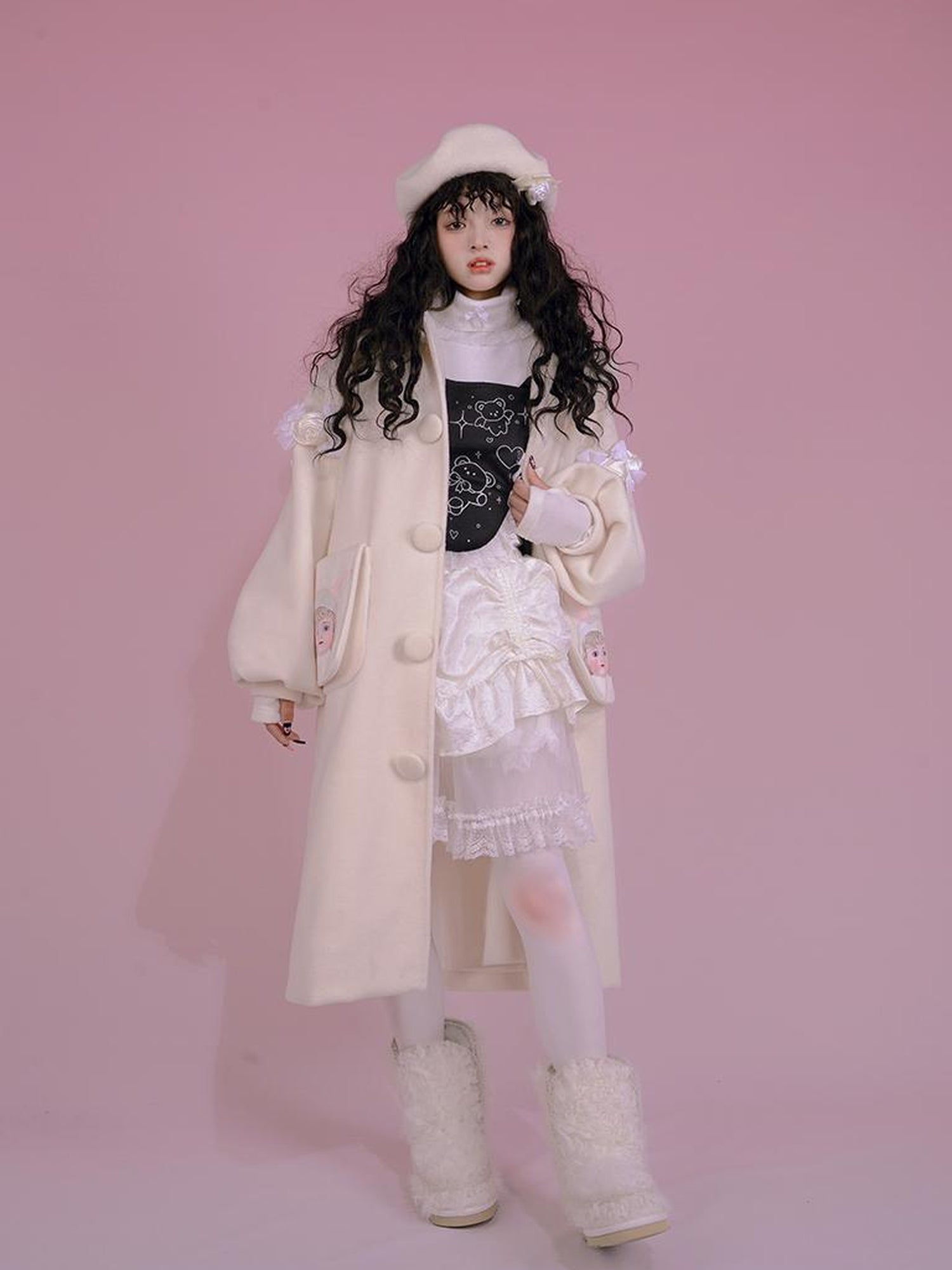 Daytoday Dolly Print Bubble Sleeve Cotton Padded Long Wool Coat