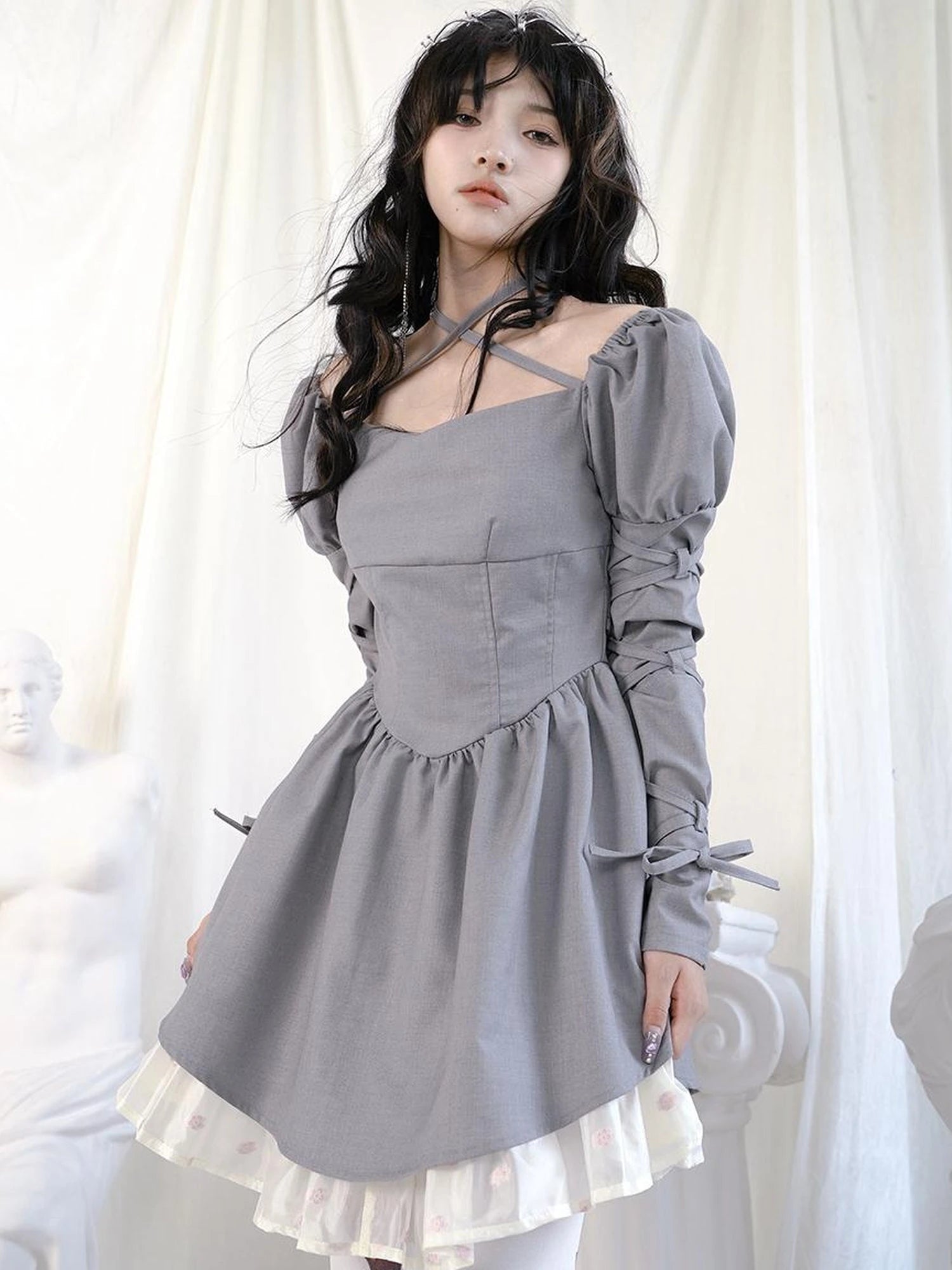 Double Layer Bow Tie Bubble Sleeve Dress With Flared Hem