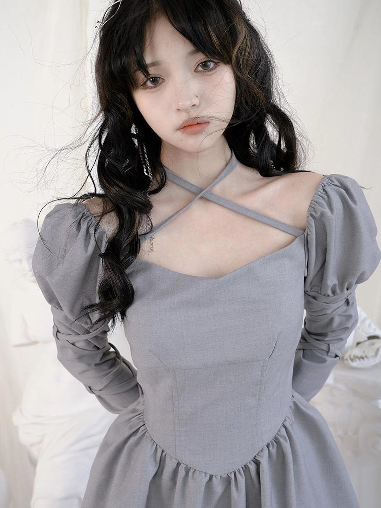 Double Layer Bow Tie Bubble Sleeve Dress With Flared Hem