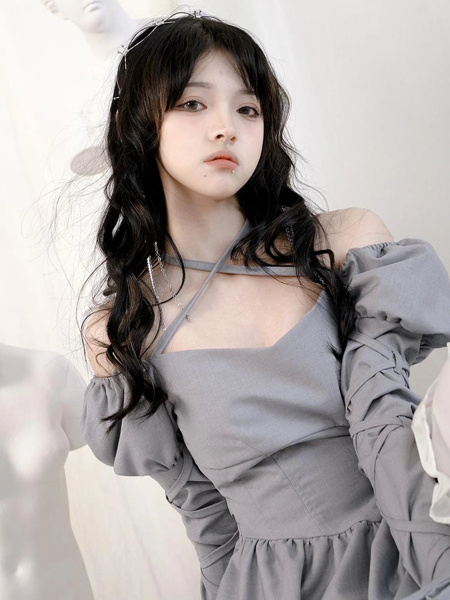 Double Layer Bow Tie Bubble Sleeve Dress With Flared Hem