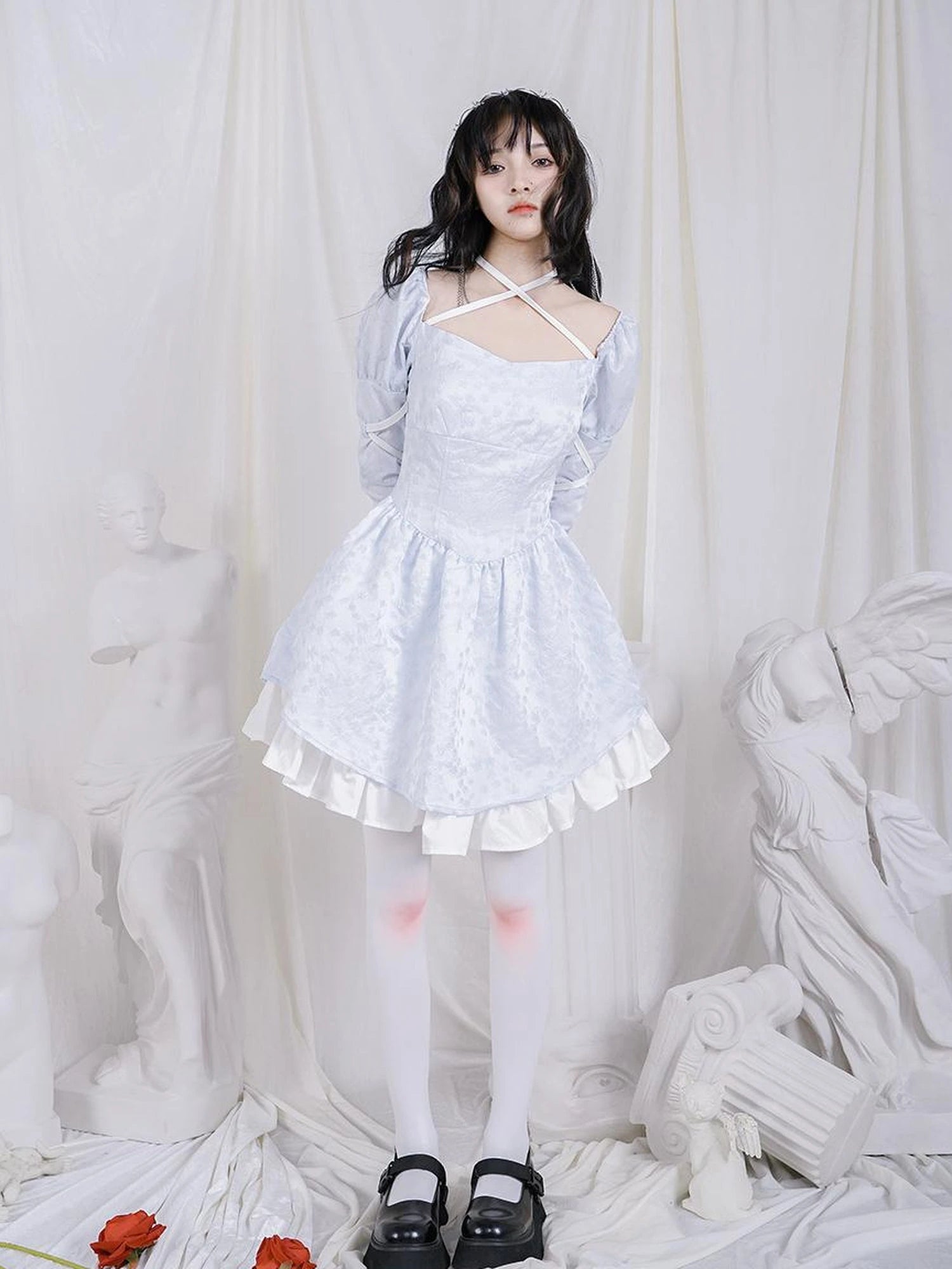 Double Layer Bow Tie Bubble Sleeve Dress With Flared Hem