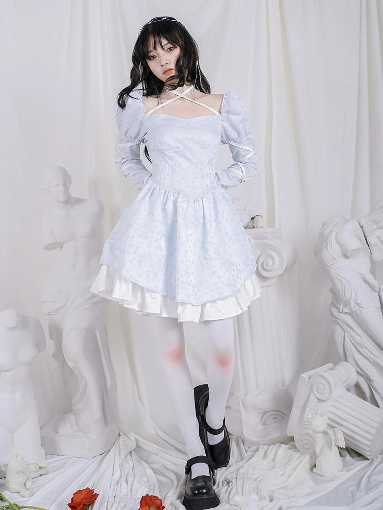 Double Layer Bow Tie Bubble Sleeve Dress With Flared Hem