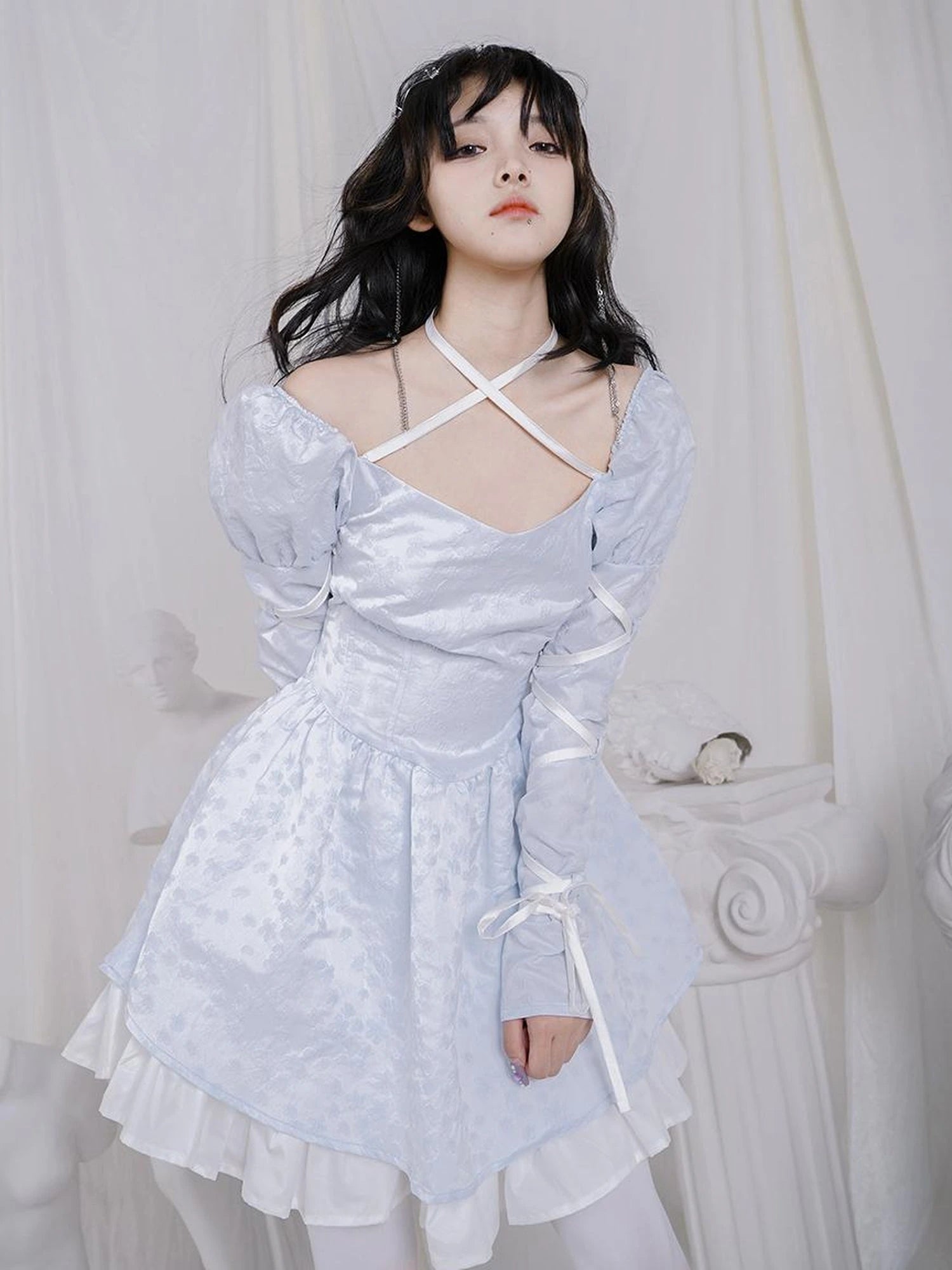 Double Layer Bow Tie Bubble Sleeve Dress With Flared Hem