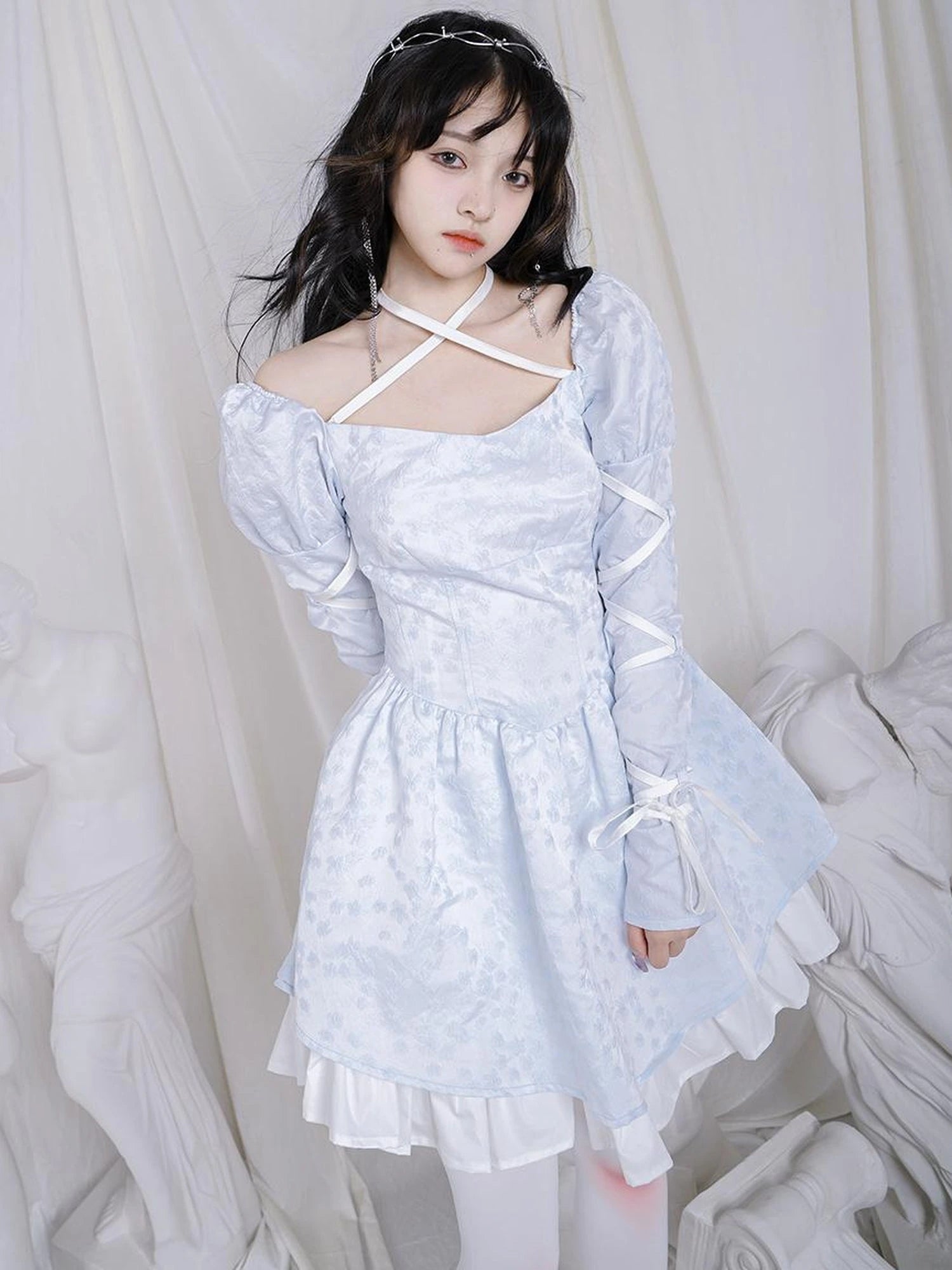 Double Layer Bow Tie Bubble Sleeve Dress With Flared Hem