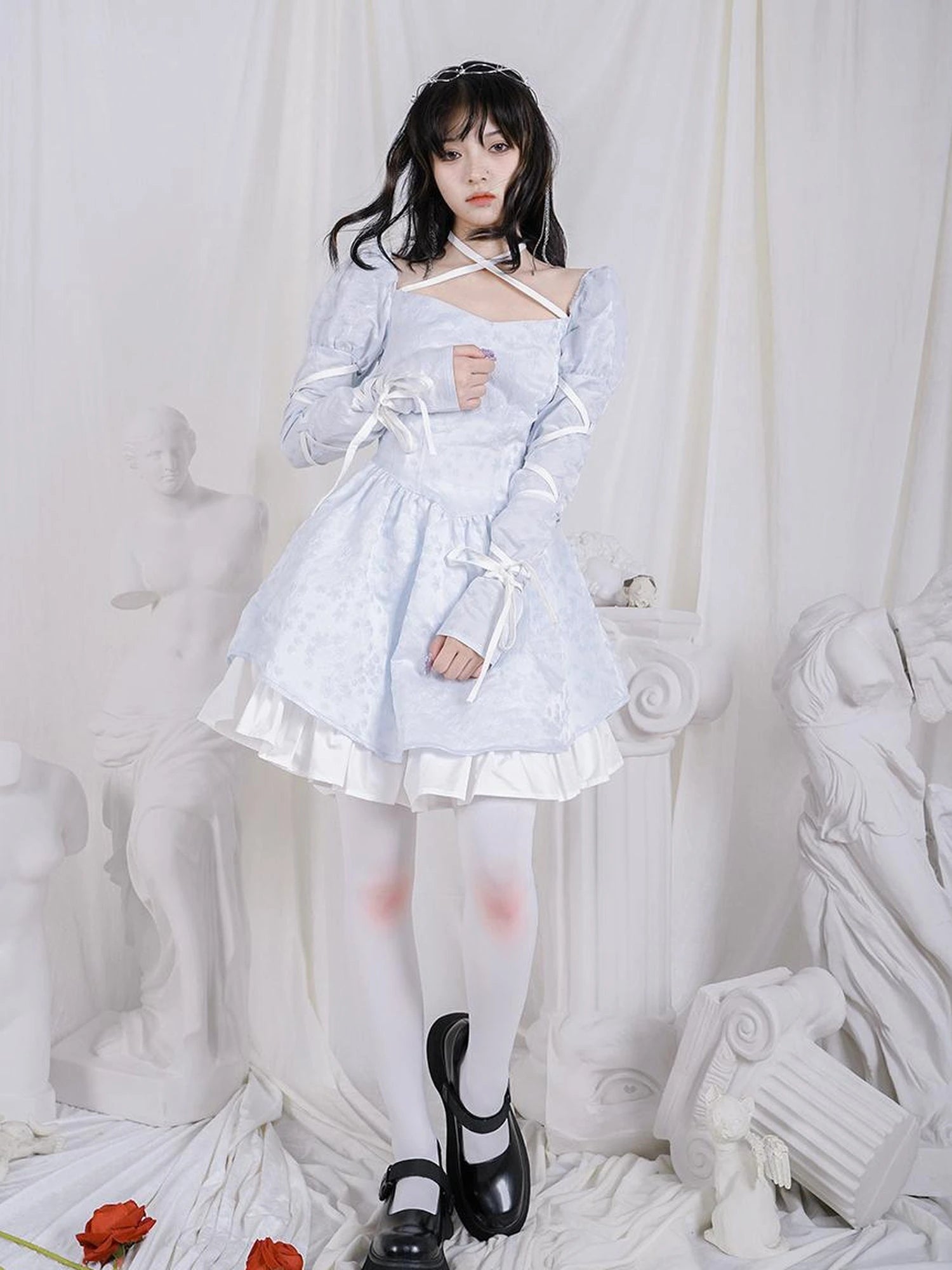 Double Layer Bow Tie Bubble Sleeve Dress With Flared Hem