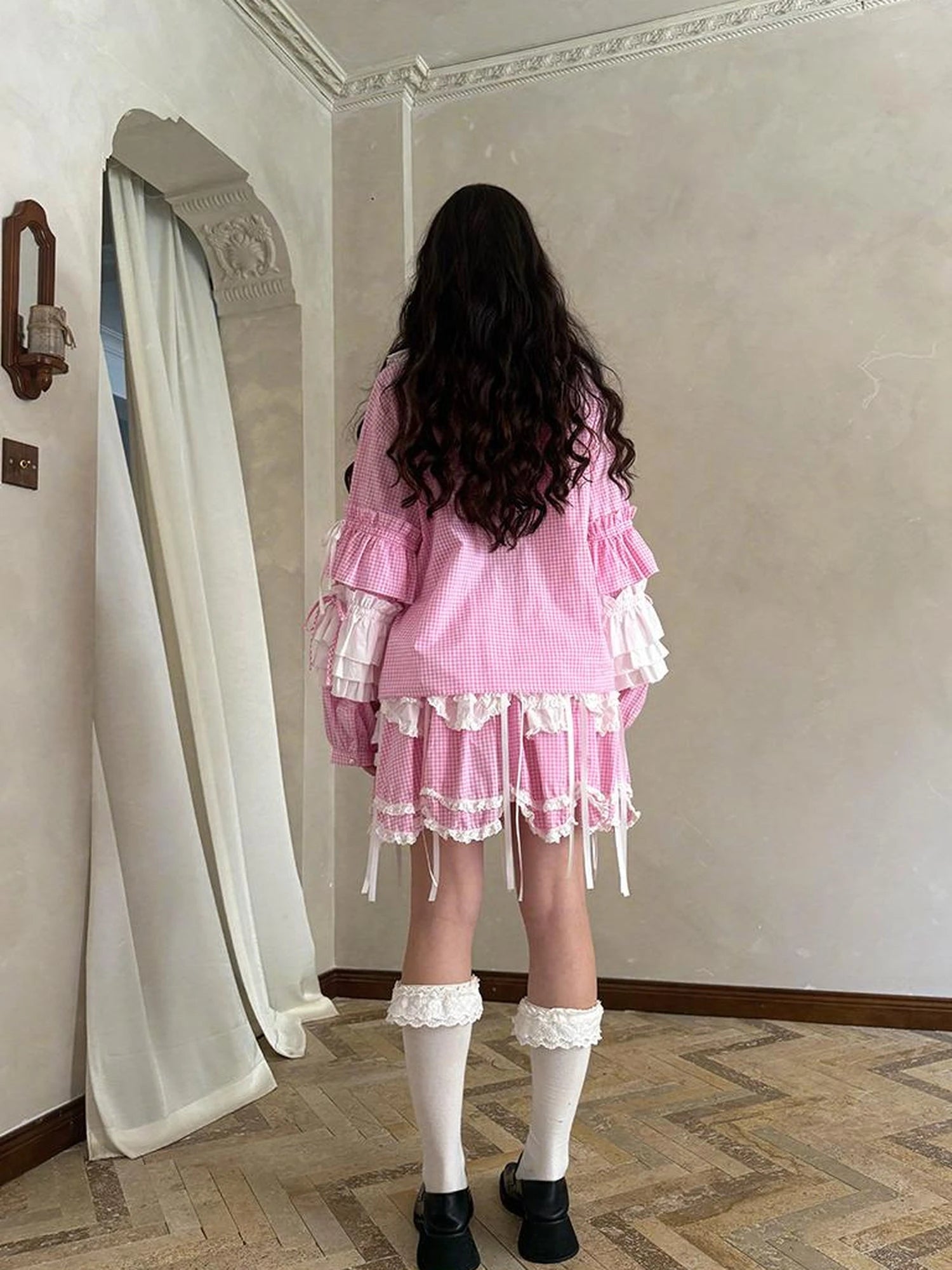 Fairy Tale Lace Trim Floral Print Blouse V Neck T Shirt Long Sleeve