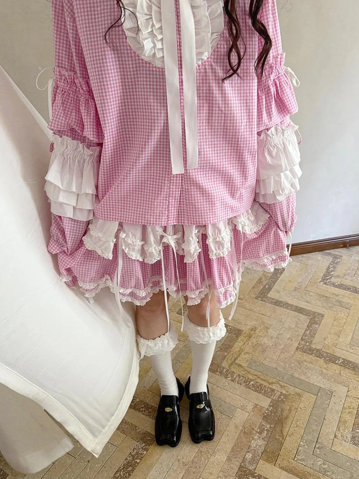 Fairy Tale Lace Trim Floral Print Blouse V Neck T Shirt Long Sleeve