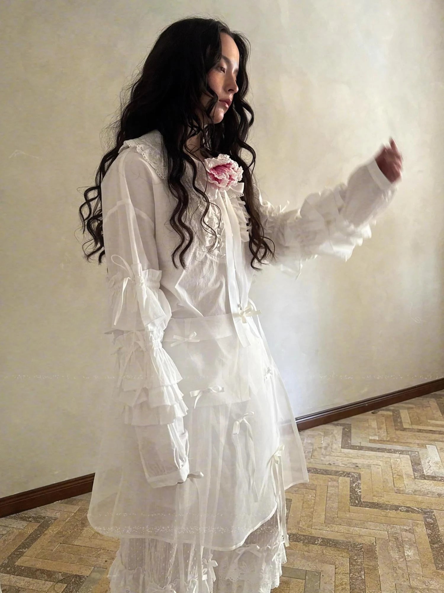 Fairy Tale Lace Trim Floral Print Blouse V Neck T Shirt Long Sleeve