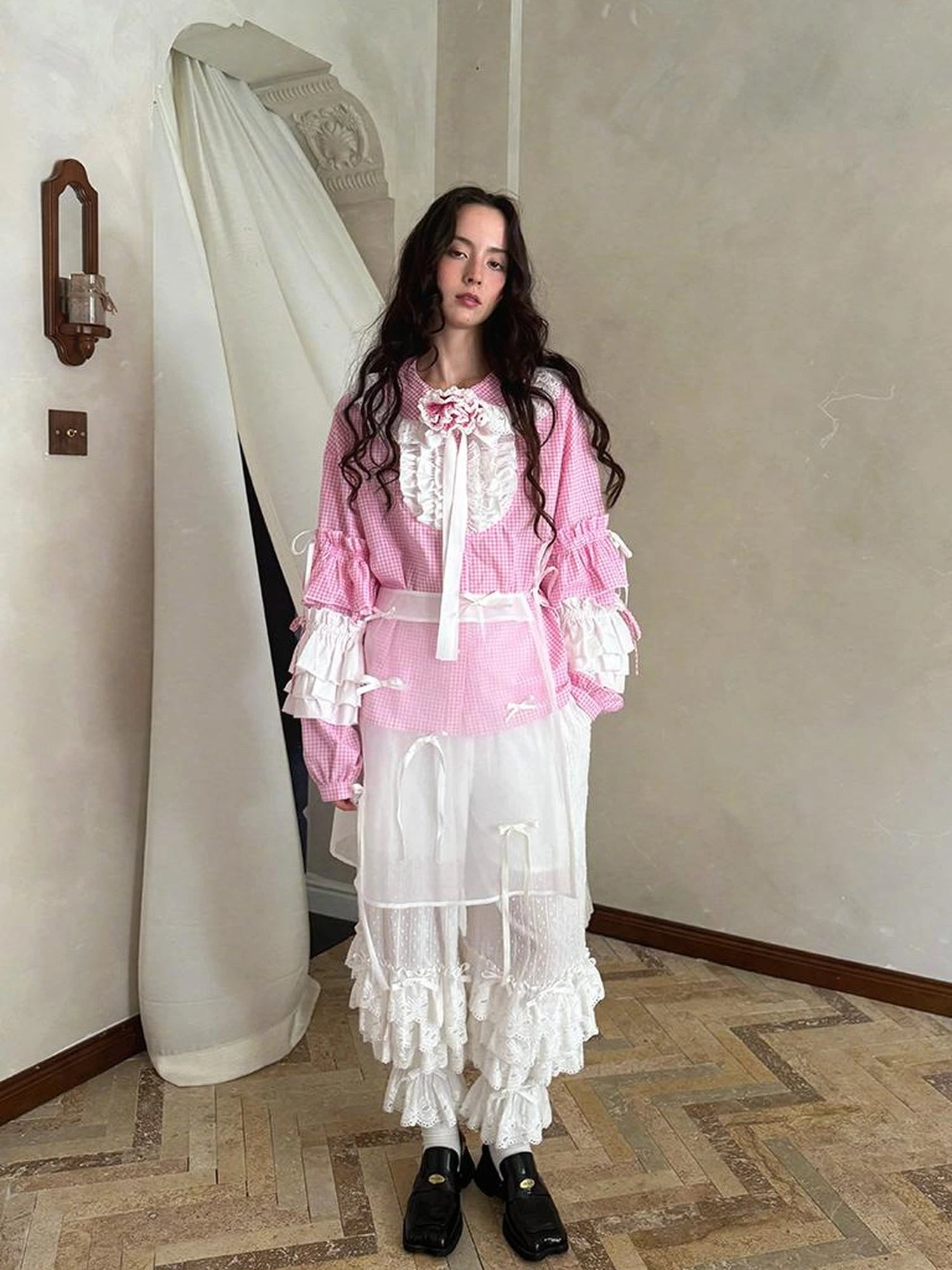 Fairy Tale Lace Trim Floral Print Blouse V Neck T Shirt Long Sleeve