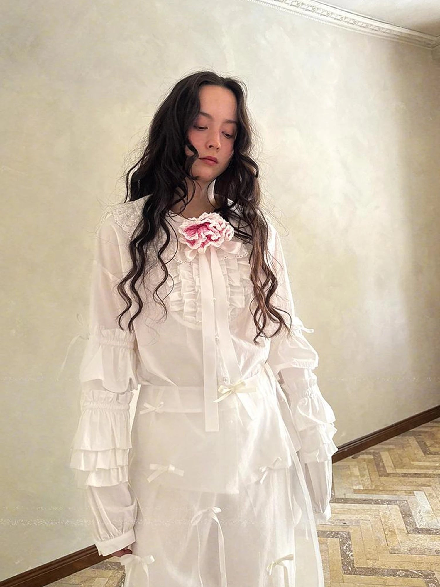 Fairy Tale Lace Trim Floral Print Blouse V Neck T Shirt Long Sleeve