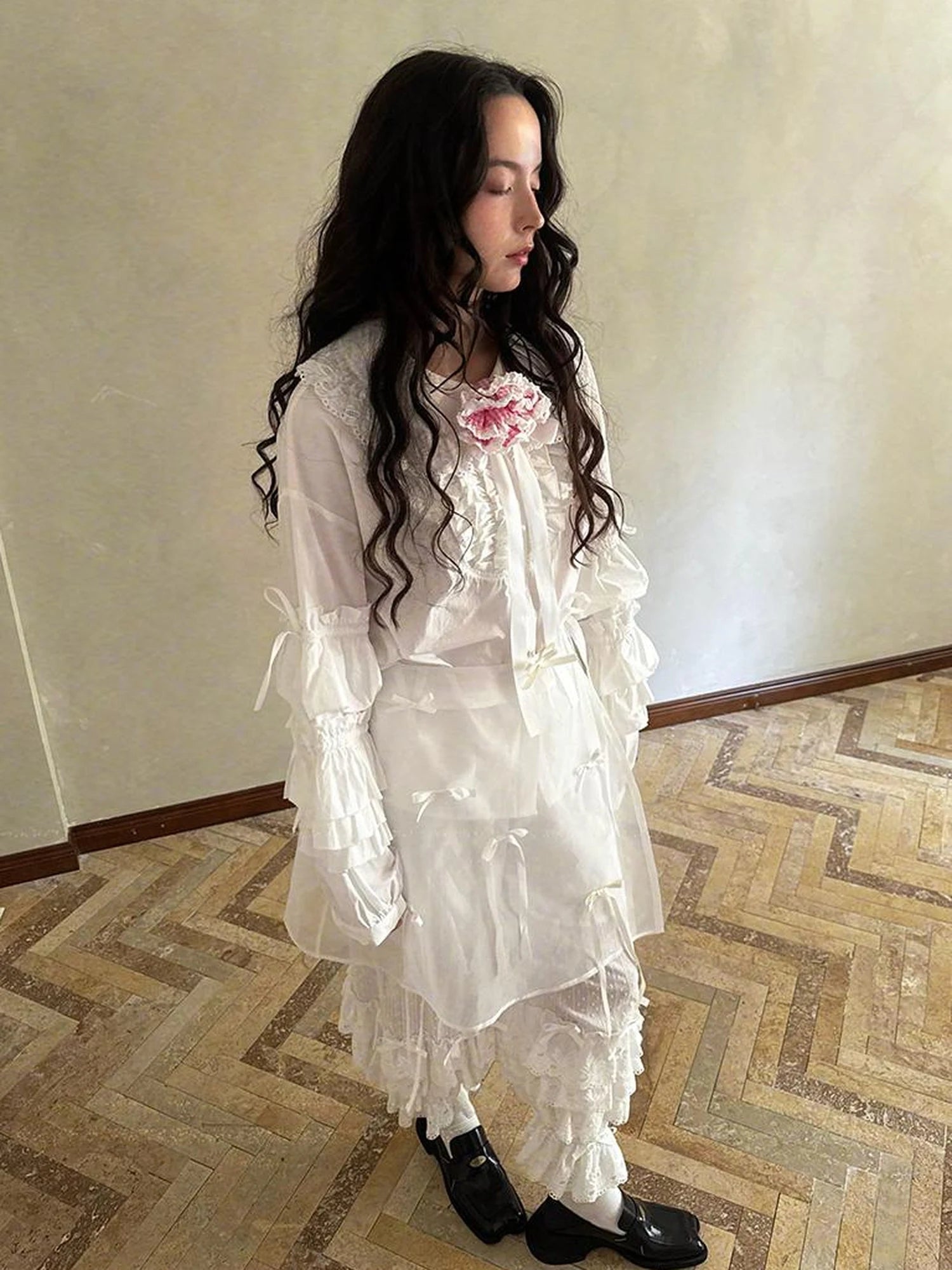 Fairy Tale Lace Trim Floral Print Blouse V Neck T Shirt Long Sleeve