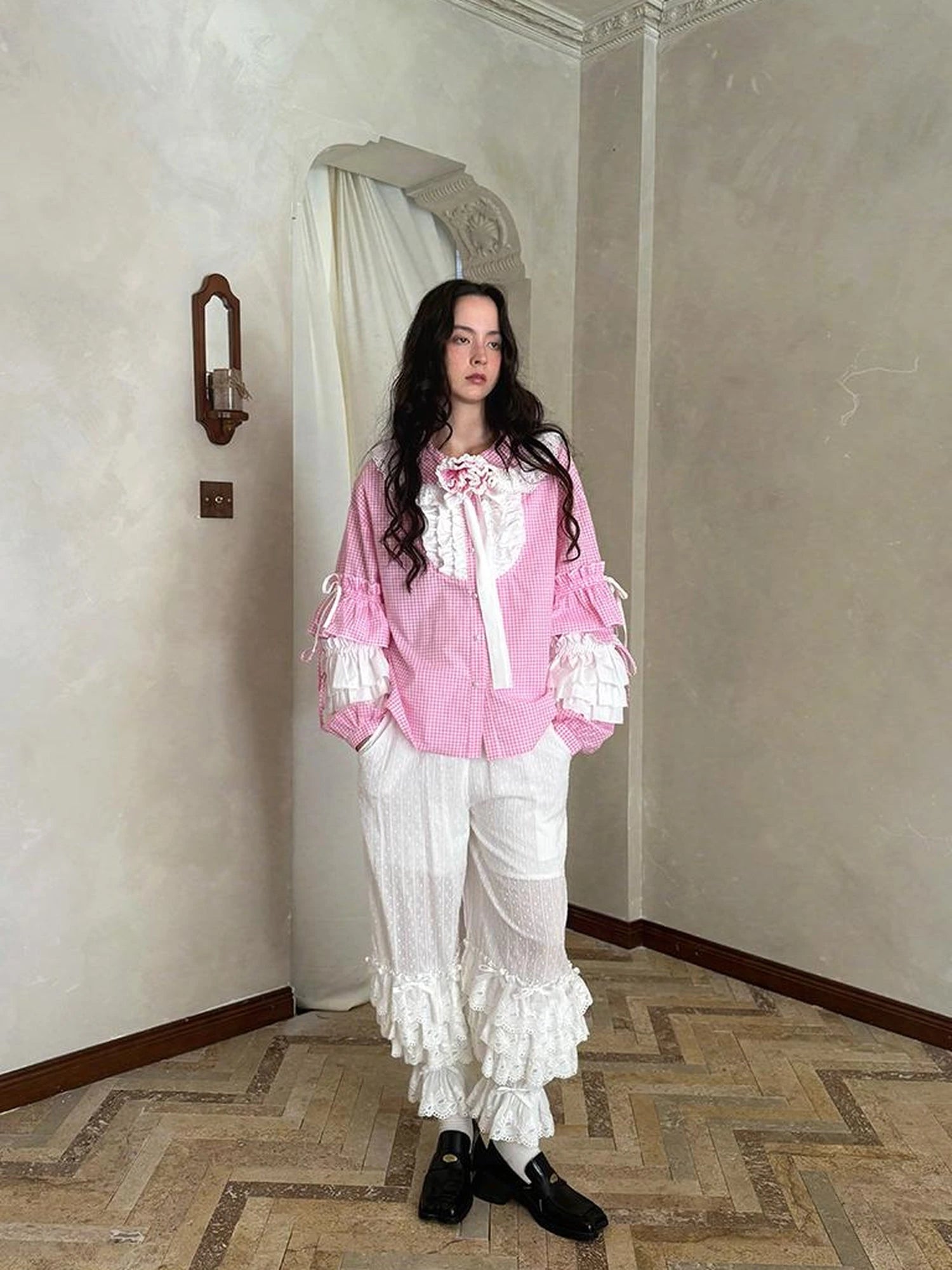 Fairy Tale Lace Trim Floral Print Blouse V Neck T Shirt Long Sleeve