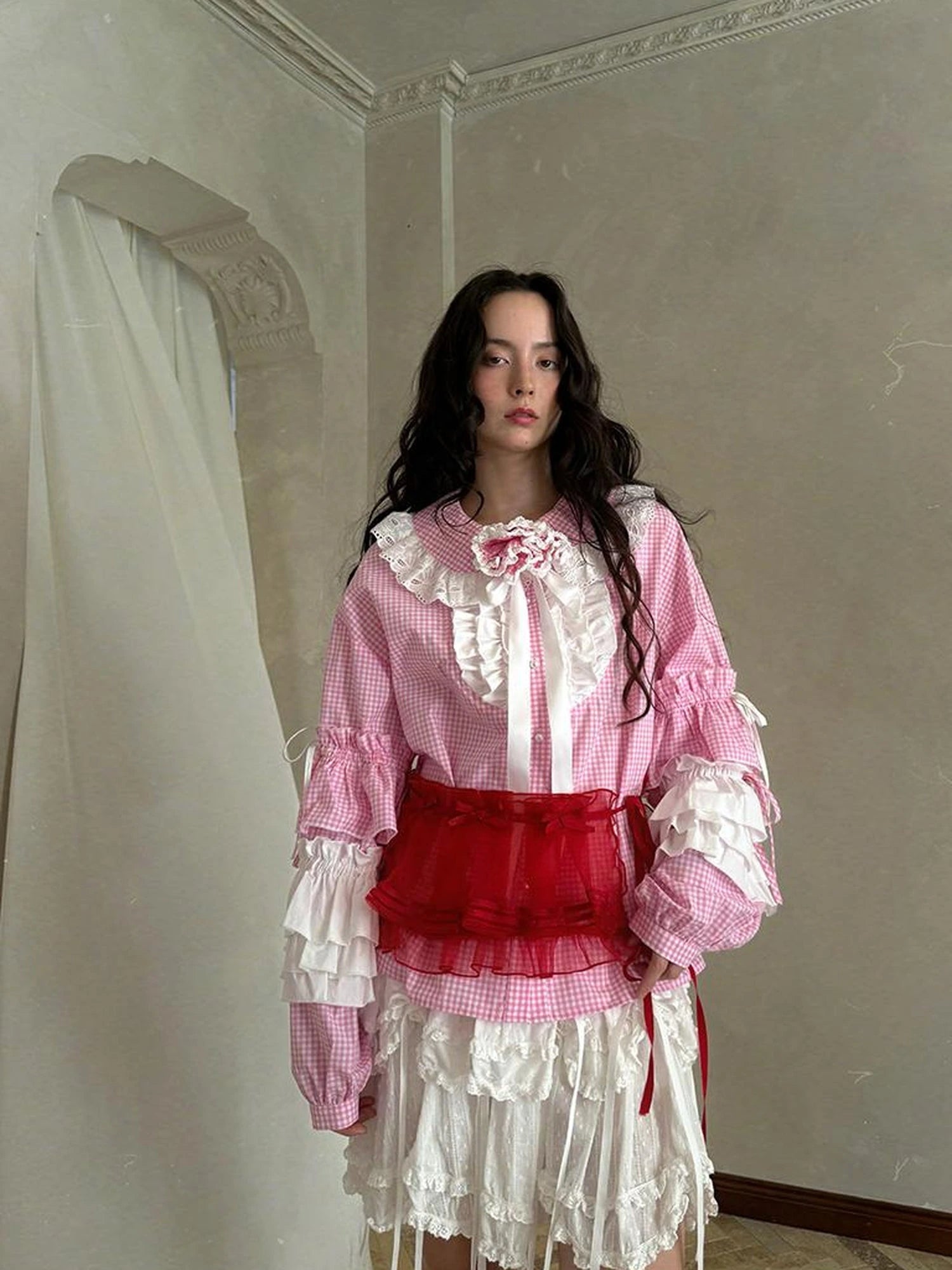 Fairy Tale Lace Trim Floral Print Blouse V Neck T Shirt Long Sleeve