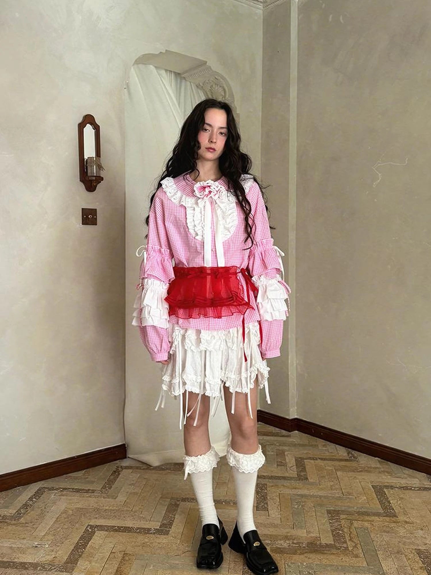 Fairy Tale Lace Trim Floral Print Blouse V Neck T Shirt Long Sleeve