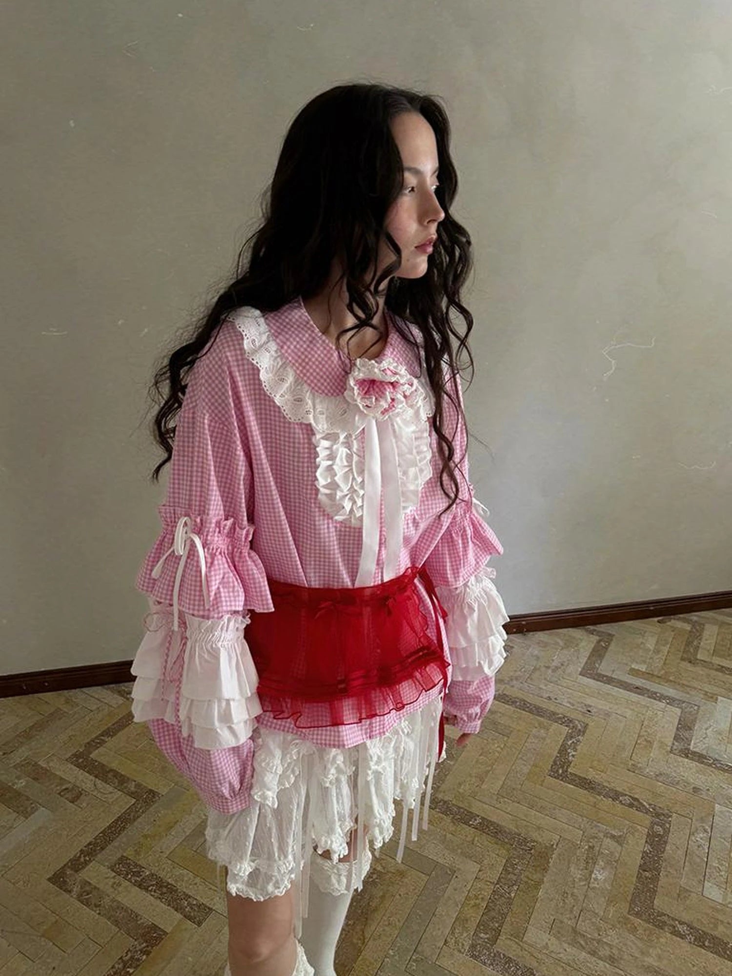 Fairy Tale Lace Trim Floral Print Blouse V Neck T Shirt Long Sleeve