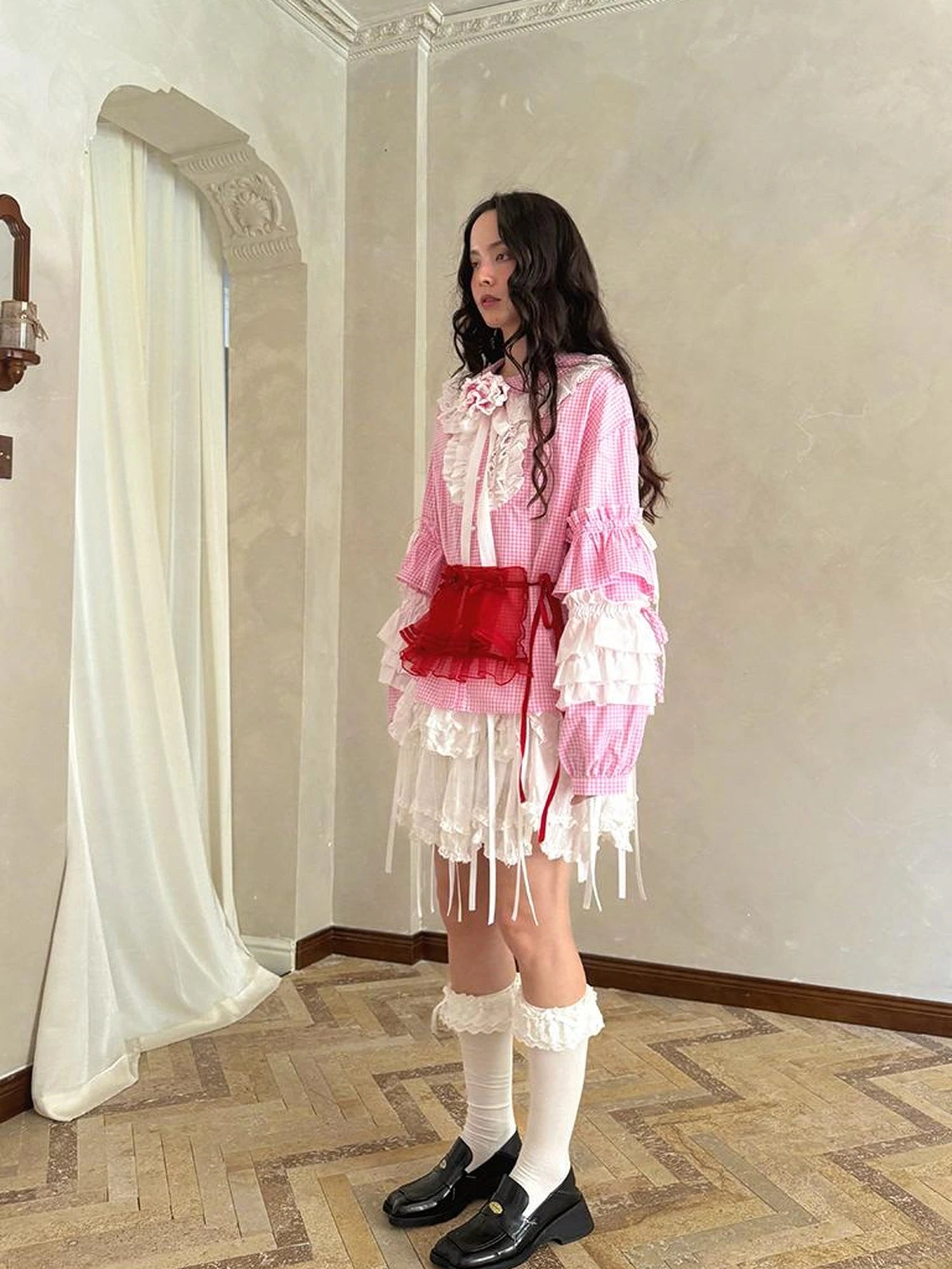 Fairy Tale Lace Trim Floral Print Blouse V Neck T Shirt Long Sleeve