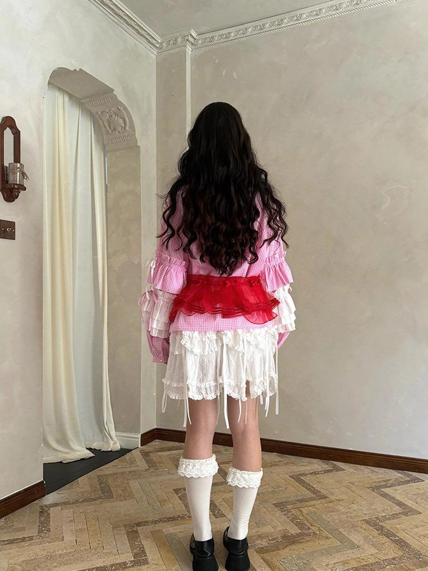 Fairy Tale Lace Trim Floral Print Blouse V Neck T Shirt Long Sleeve