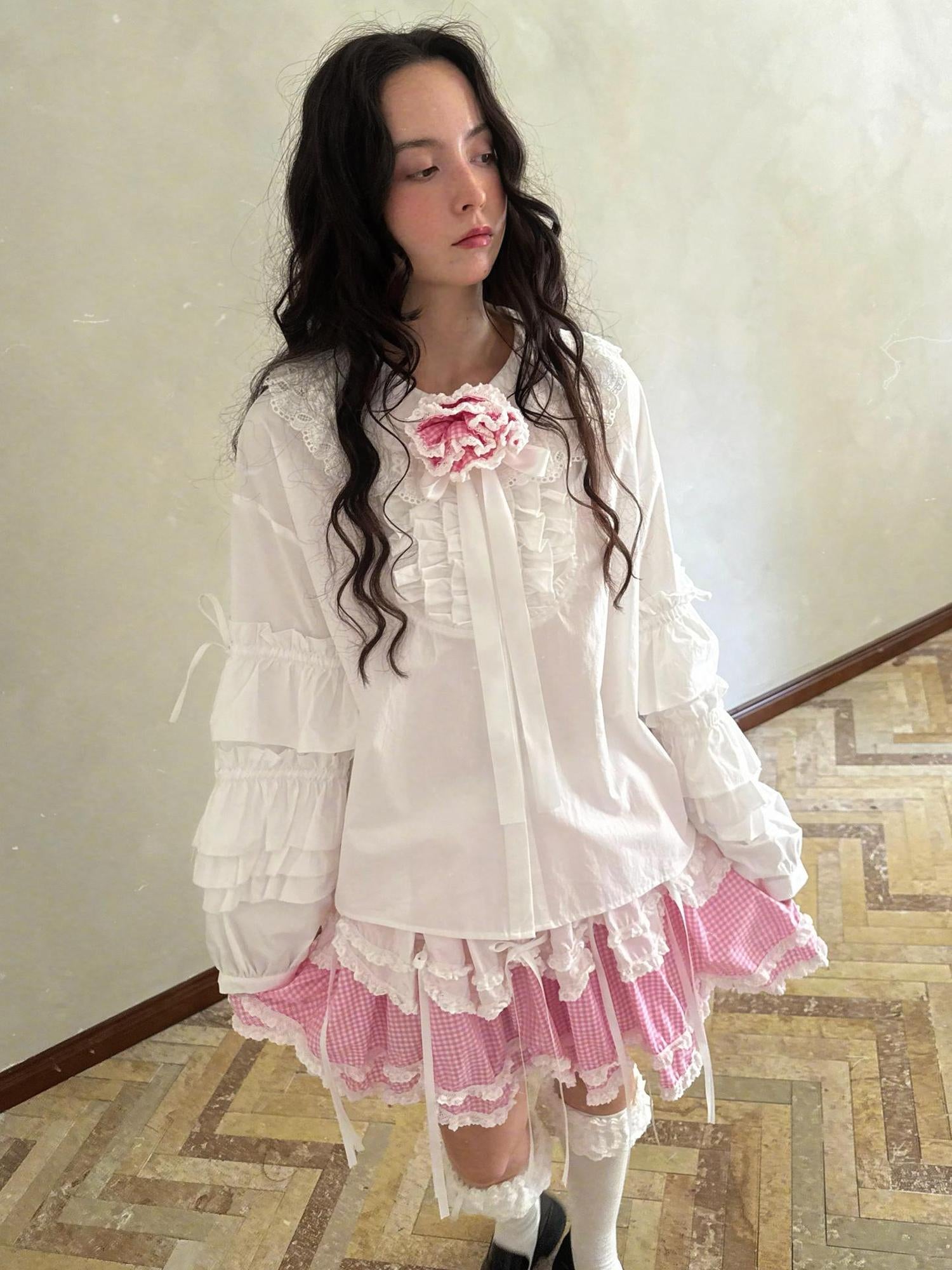 Daytoday Fairy Tale Lace Trim Floral Print Blouse V Neck T Shirt Long Sleeve