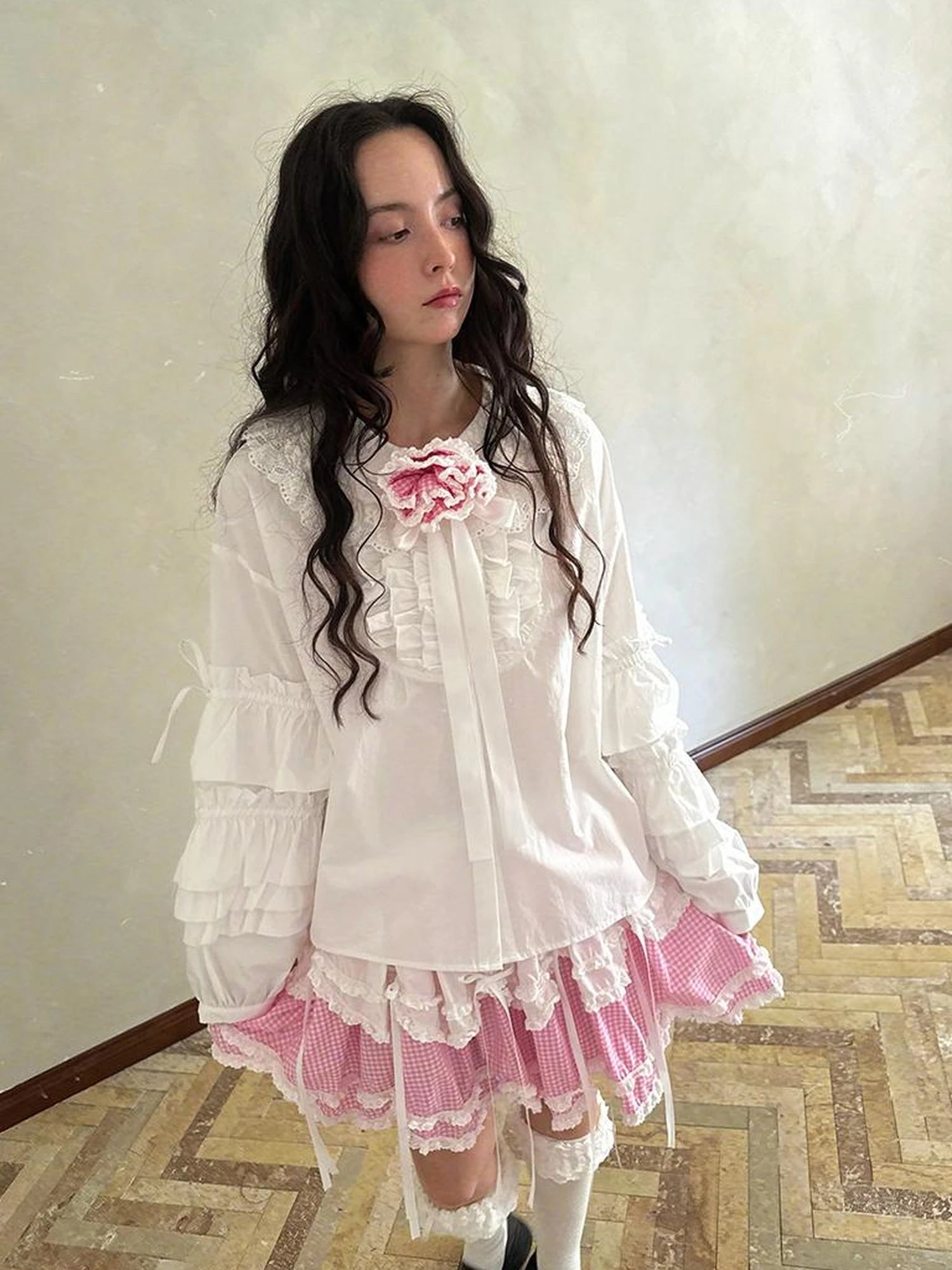 Fairy Tale Lace Trim Floral Print Blouse V Neck T Shirt Long Sleeve