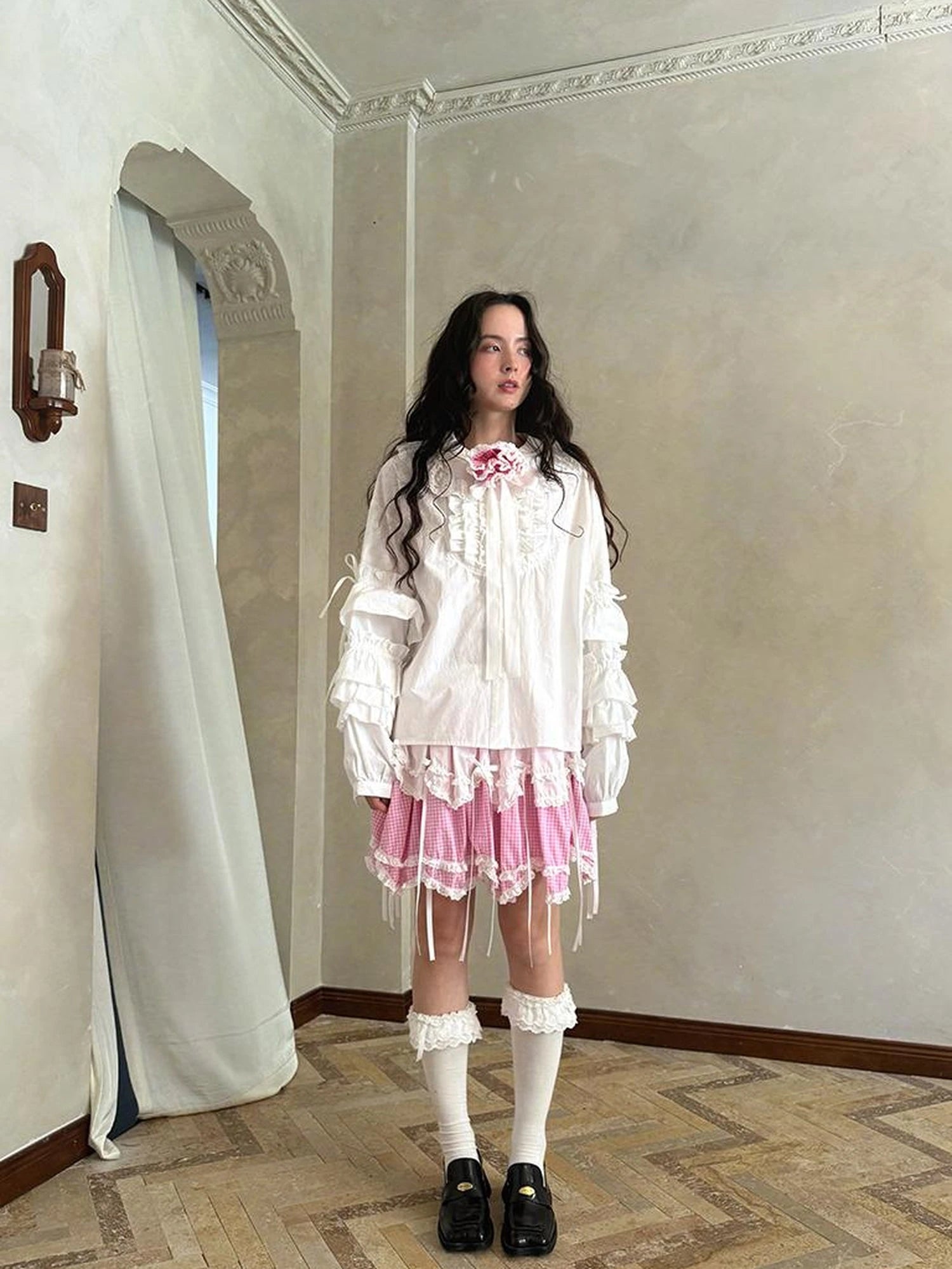 Fairy Tale Lace Trim Floral Print Blouse V Neck T Shirt Long Sleeve