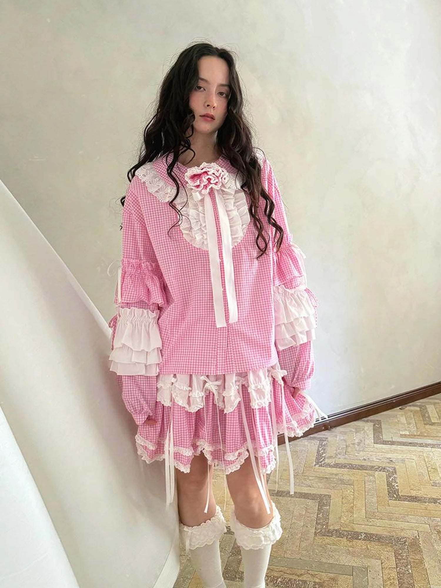 Fairy Tale Lace Trim Floral Print Blouse V Neck T Shirt Long Sleeve