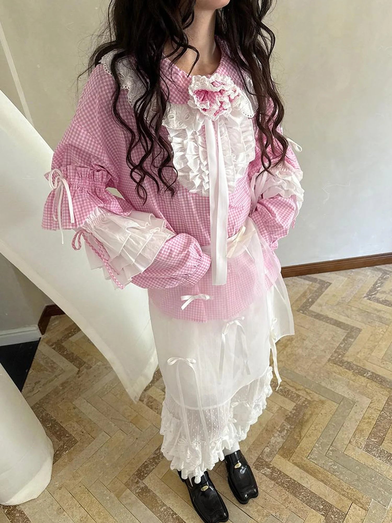 Fairy Tale Lace Trim Floral Print Blouse V Neck T Shirt Long Sleeve