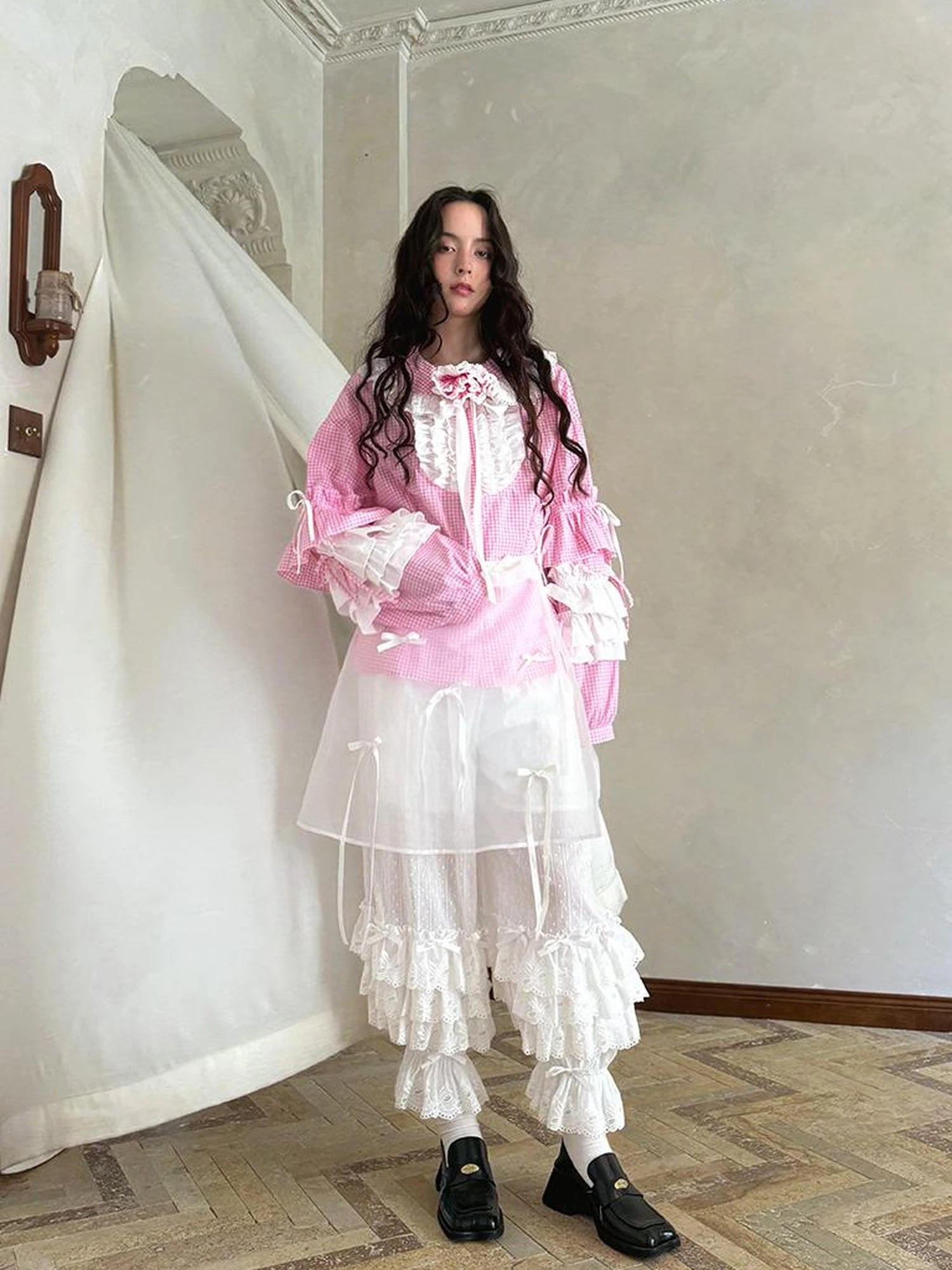 Fairy Tale Lace Trim Floral Print Blouse V Neck T Shirt Long Sleeve