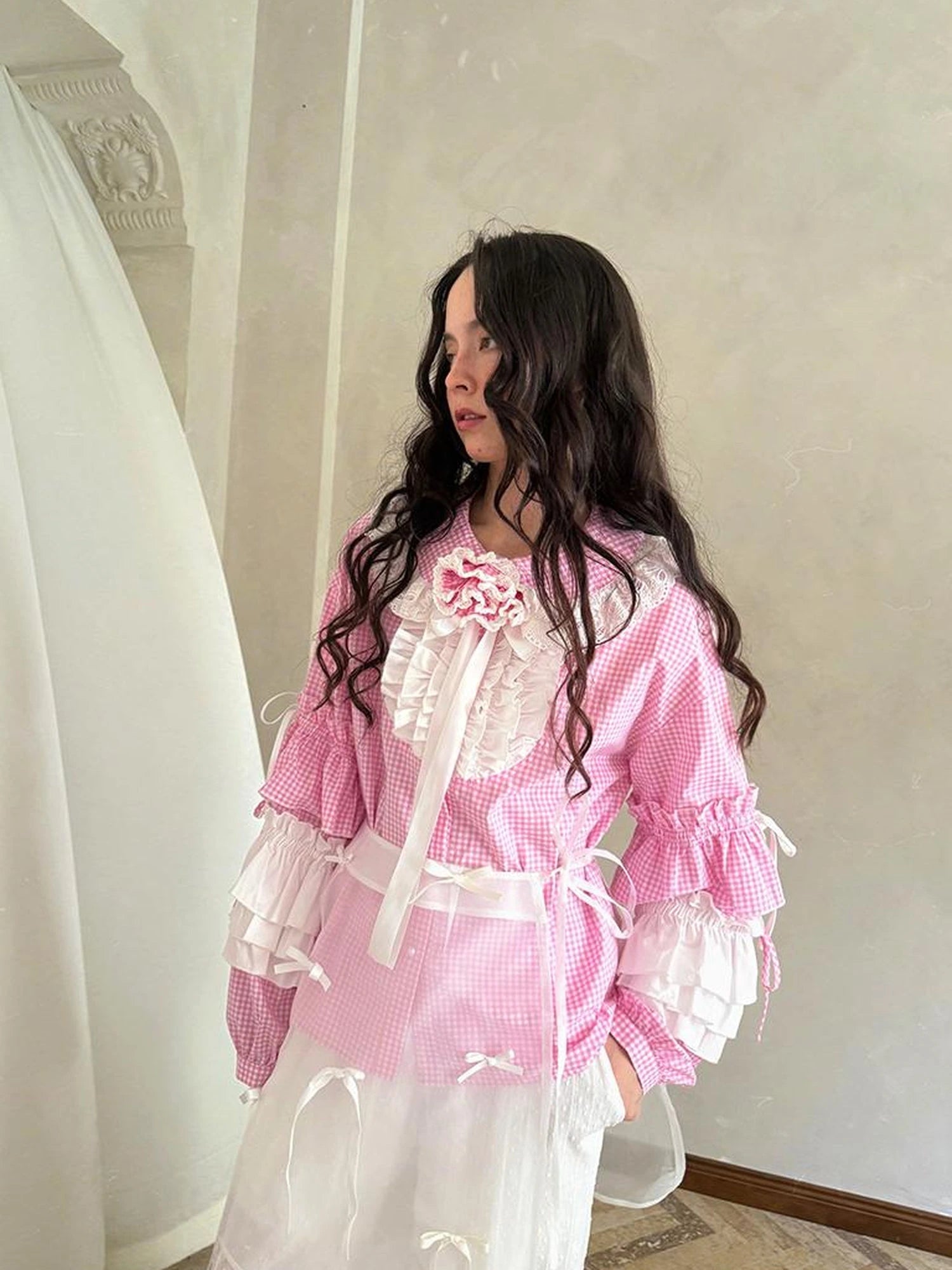 Fairy Tale Lace Trim Floral Print Blouse V Neck T Shirt Long Sleeve