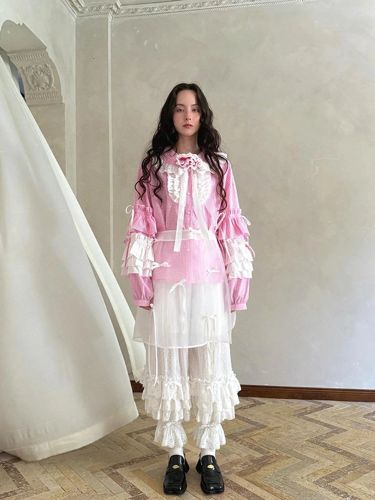 Fairy Tale Lace Trim Floral Print Blouse V Neck T Shirt Long Sleeve