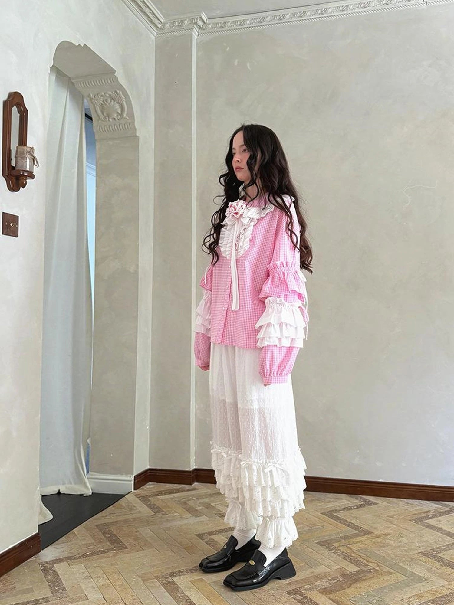 Fairy Tale Lace Trim Floral Print Blouse V Neck T Shirt Long Sleeve