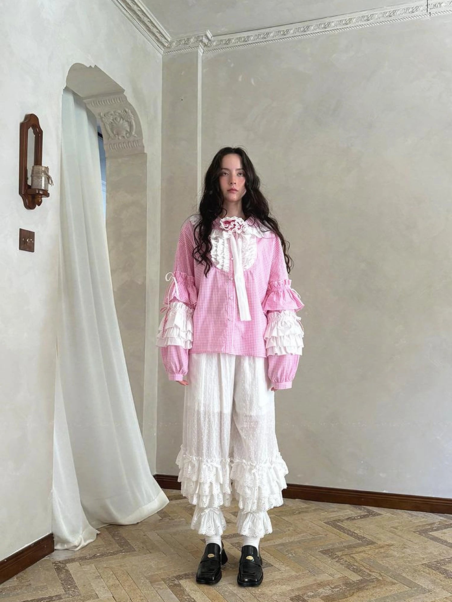 Fairy Tale Lace Trim Floral Print Blouse V Neck T Shirt Long Sleeve