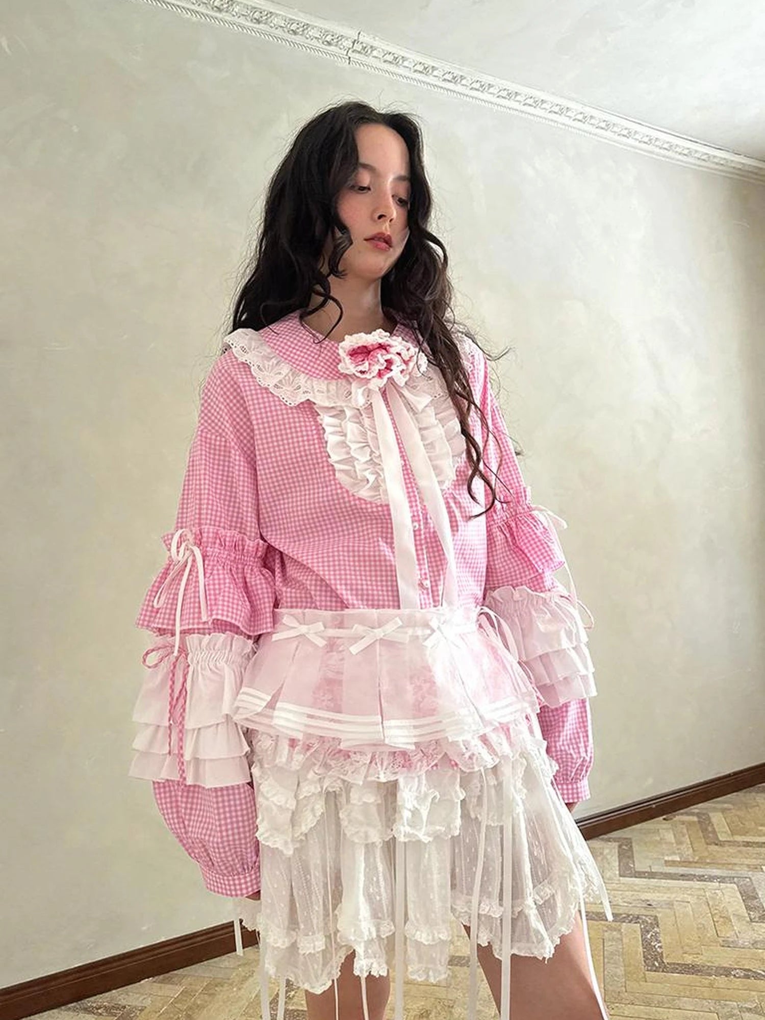 Fairy Tale Lace Trim Floral Print Blouse V Neck T Shirt Long Sleeve