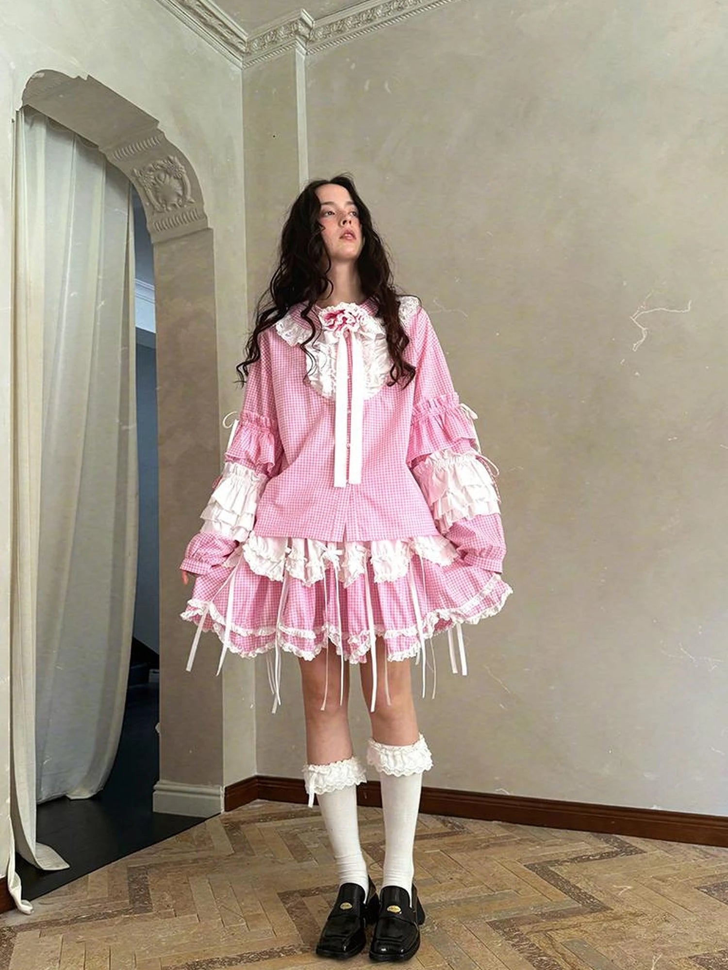 Fairy Tale Lace Trim Floral Print Blouse V Neck T Shirt Long Sleeve