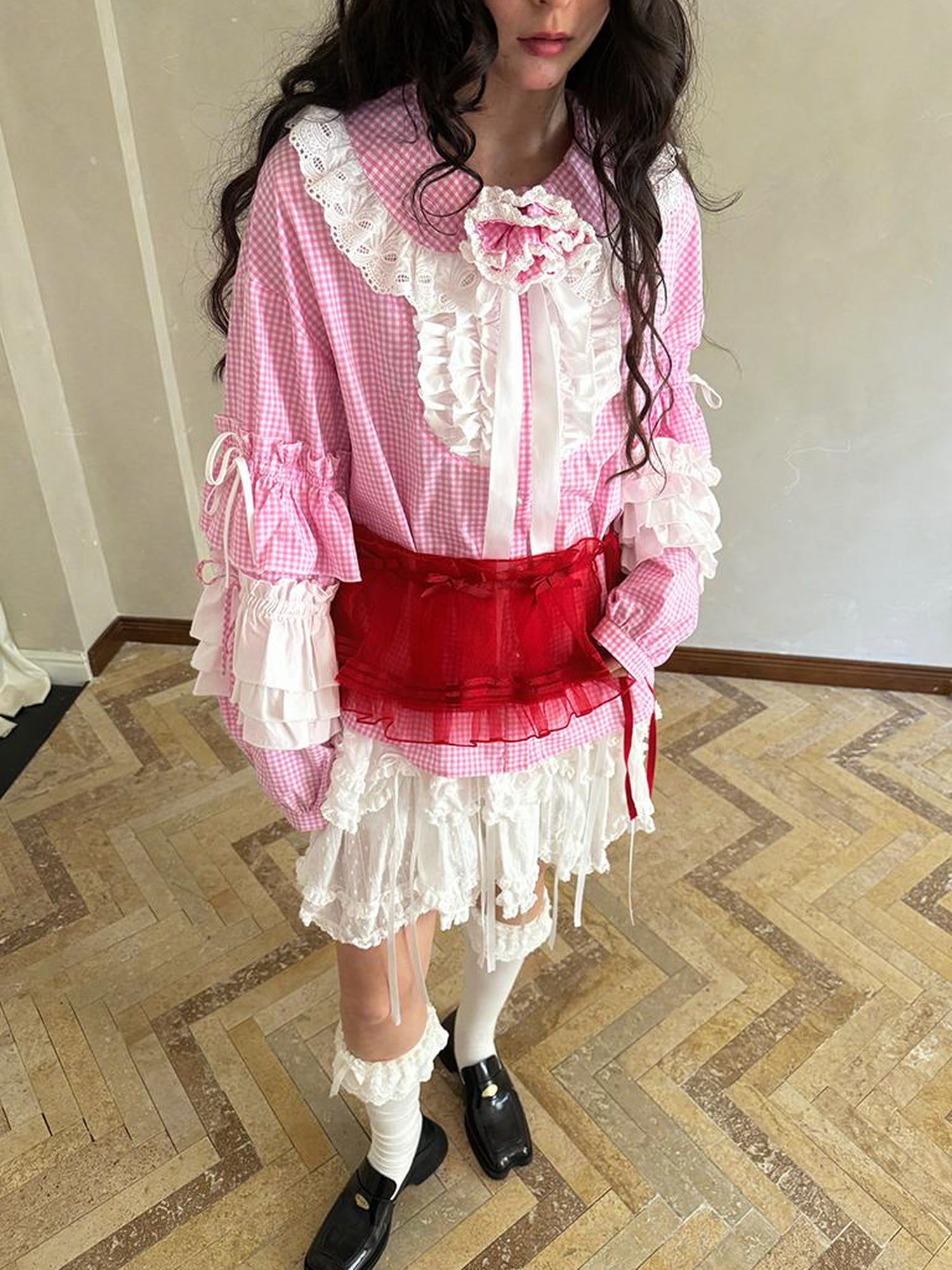 Daytoday Fairy Tale Lace Trim Floral Print Blouse V Neck T Shirt Long Sleeve