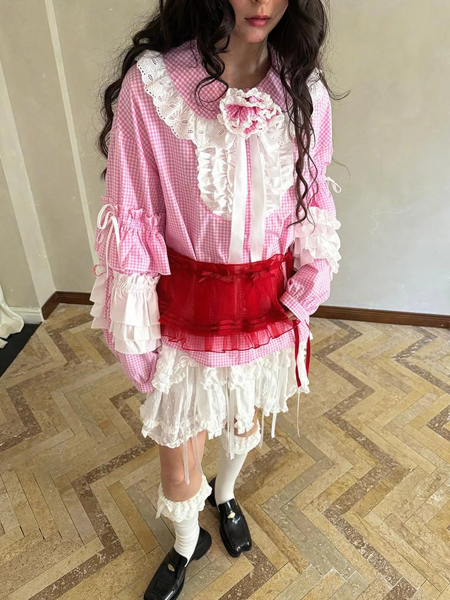 Fairy Tale Lace Trim Floral Print Blouse V Neck T Shirt Long Sleeve