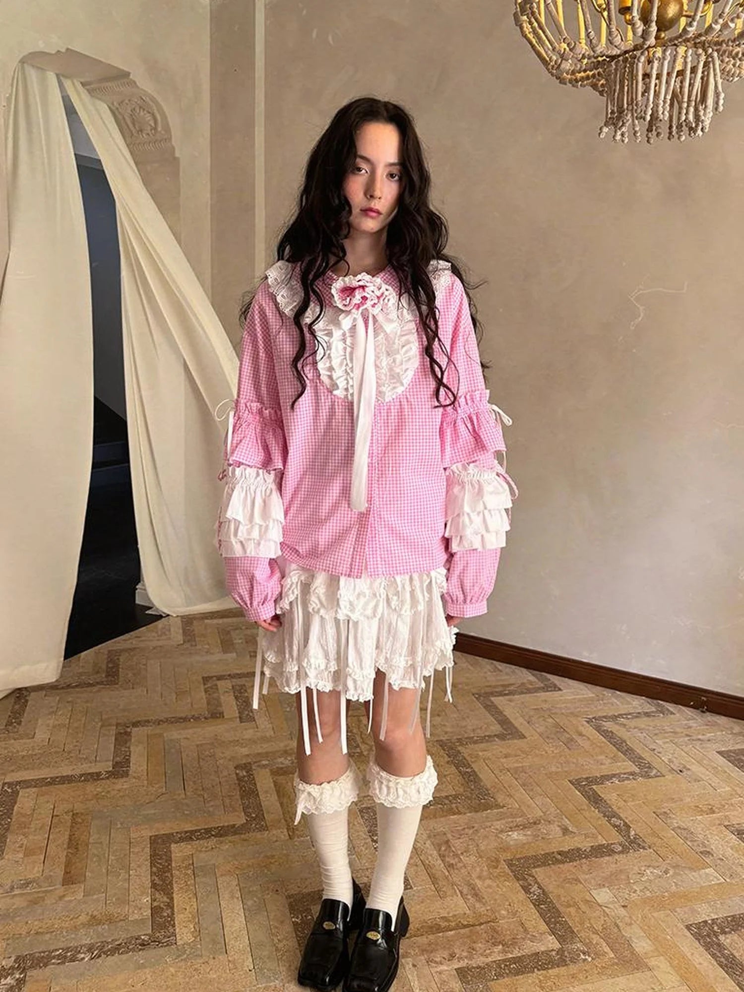 Fairy Tale Lace Trim Floral Print Blouse V Neck T Shirt Long Sleeve