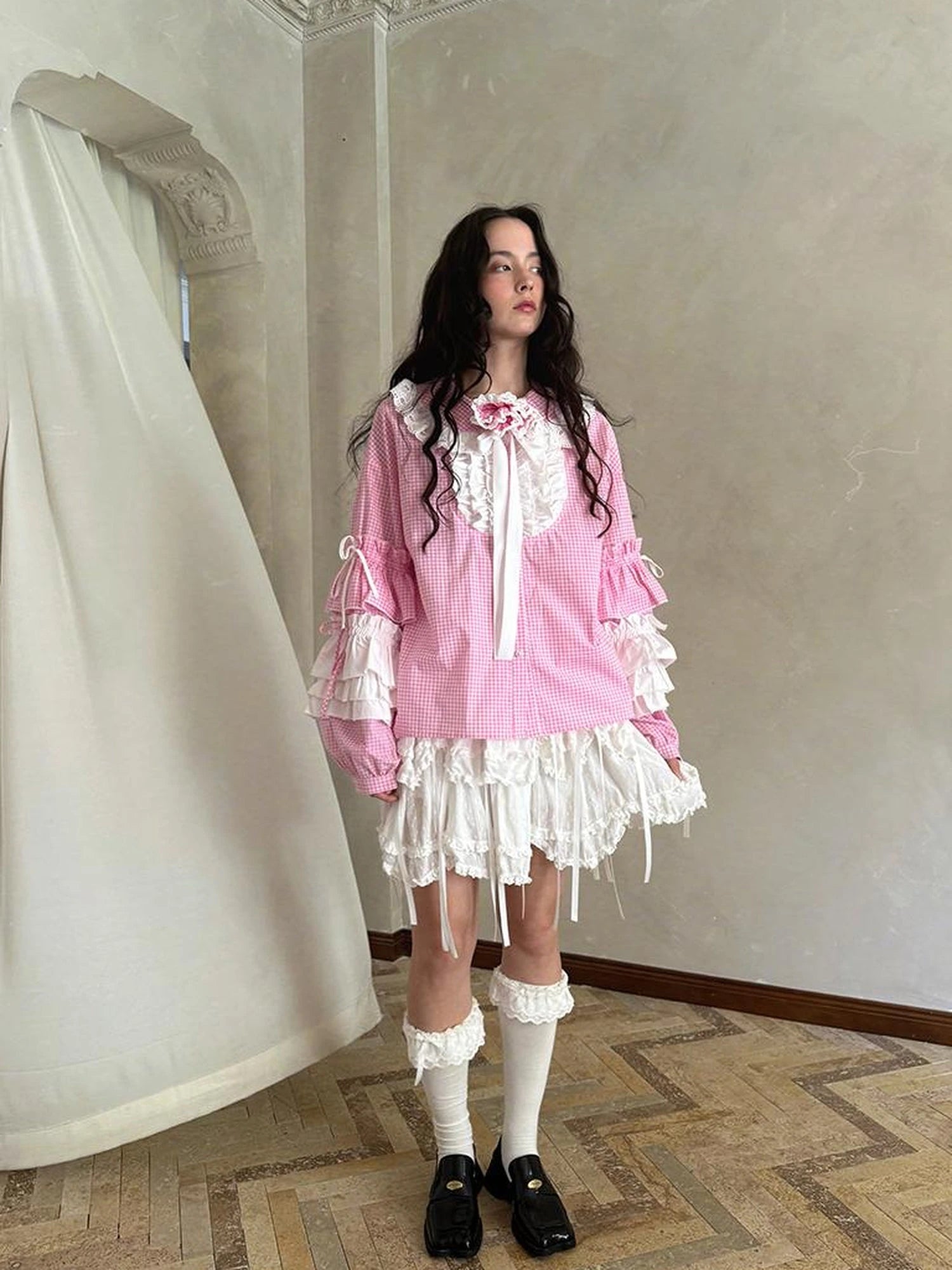 Fairy Tale Lace Trim Floral Print Blouse V Neck T Shirt Long Sleeve