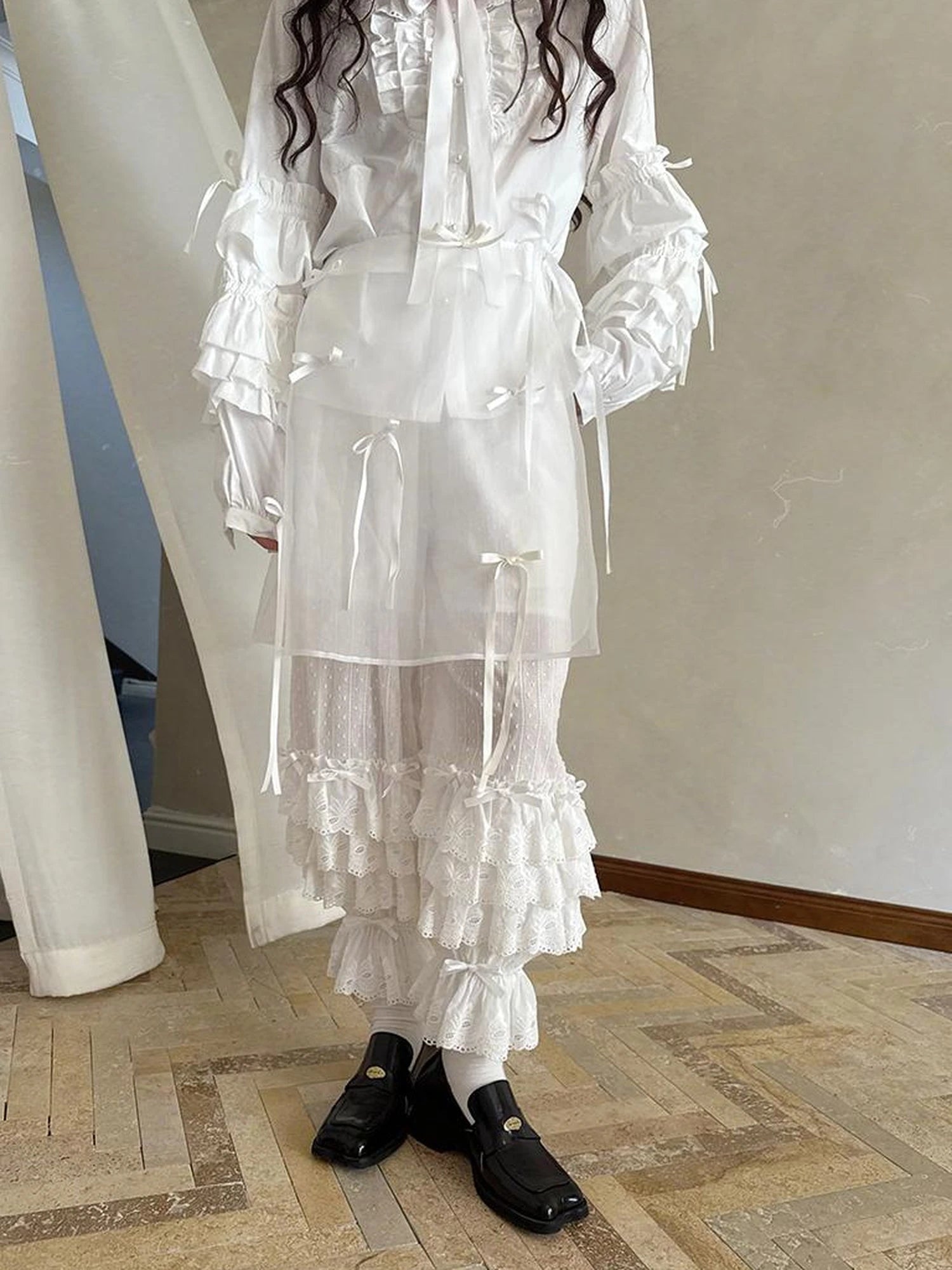 Fairy Tale Lace Trim Floral Print Blouse V Neck T Shirt Long Sleeve